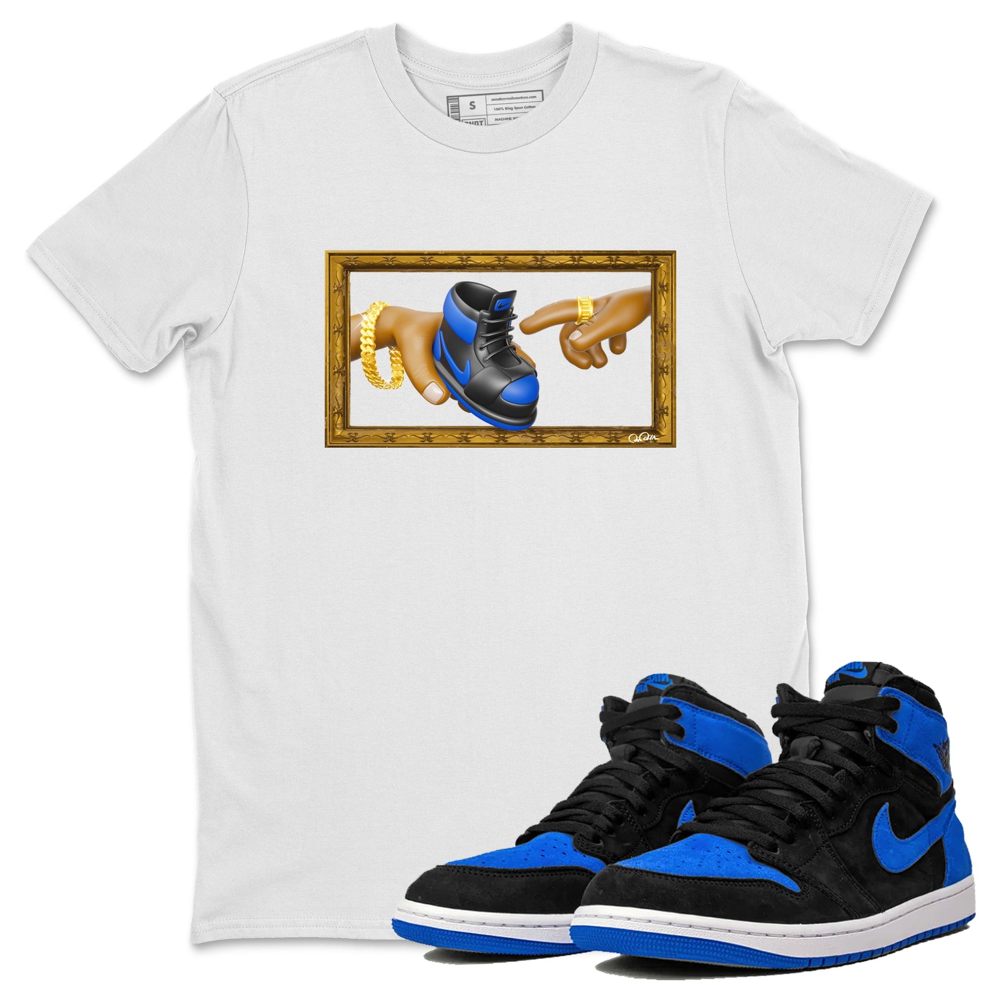 Air Jordan 1 Royal Reimagined shirt to match jordans The Creation of Adam sneaker tees AJ1 Royal Reimagined SNRT Sneaker Release Tees Unisex White 1 T-Shirt