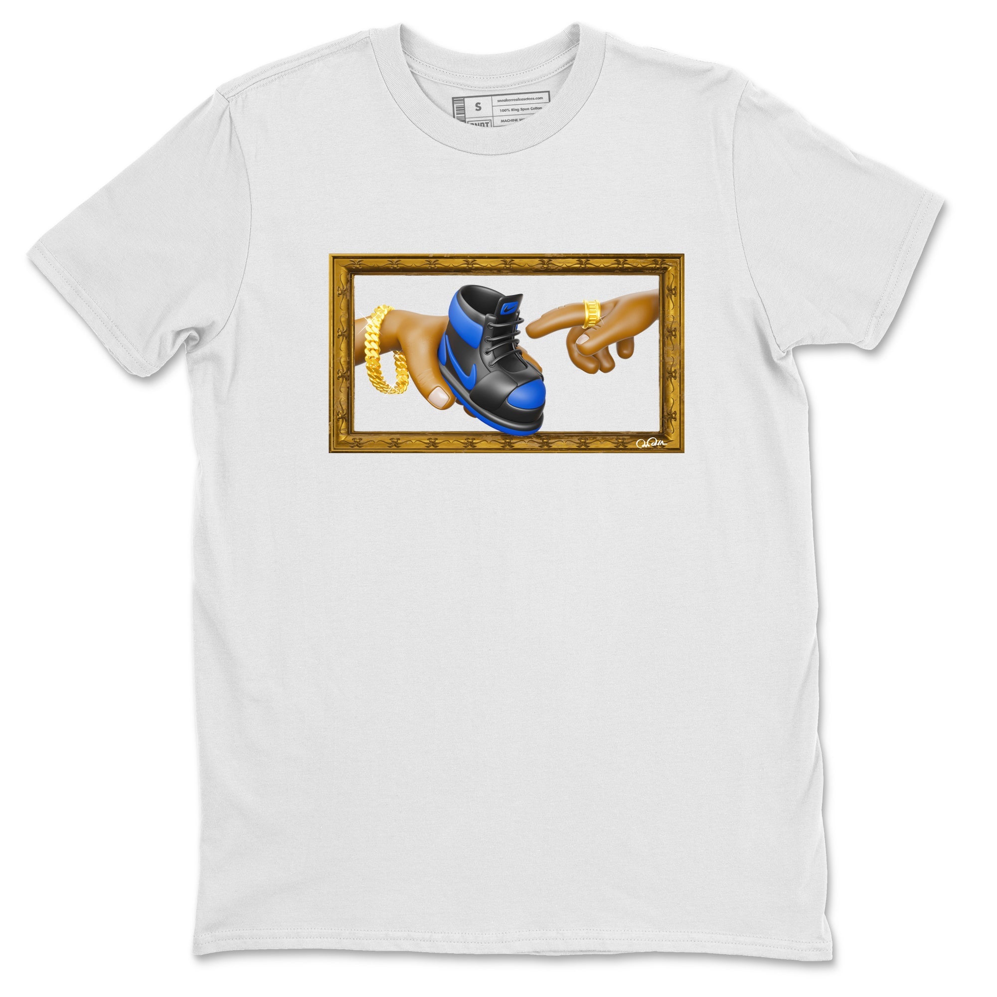 Air Jordan 1 Royal Reimagined shirt to match jordans The Creation of Adam sneaker tees AJ1 Royal Reimagined SNRT Sneaker Release Tees Unisex White 2 T-Shirt