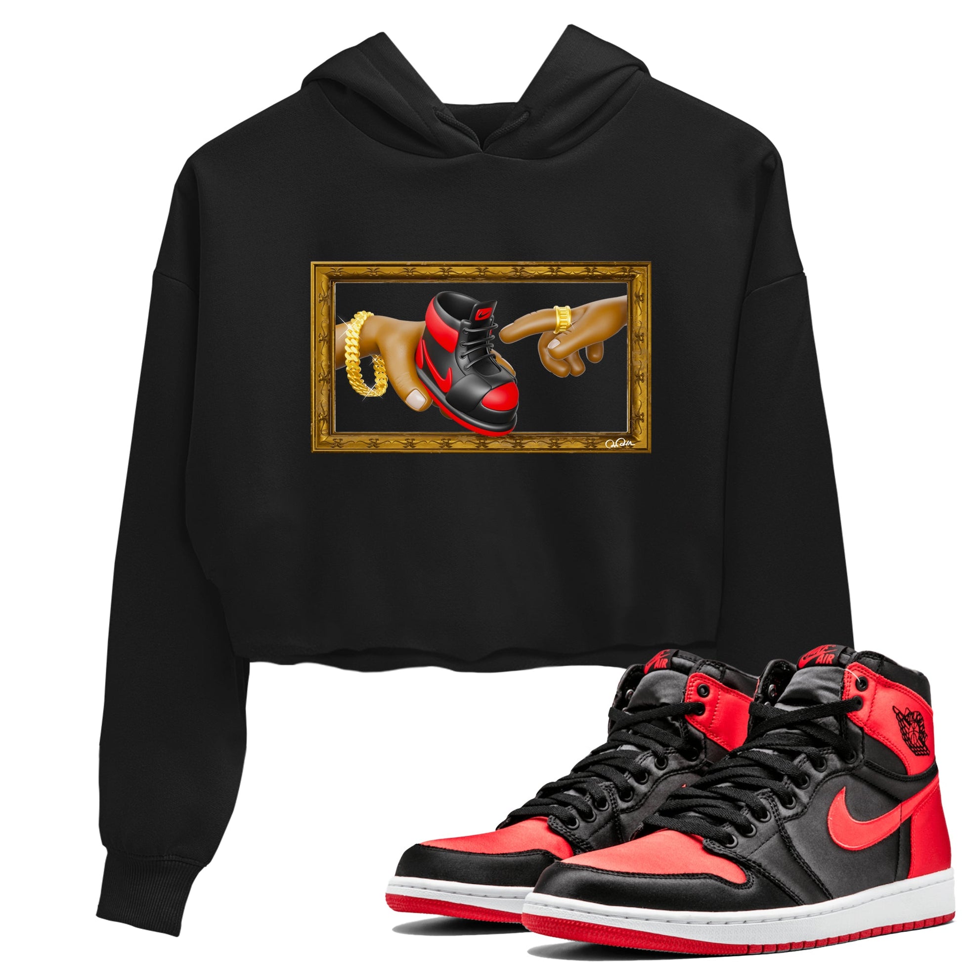 Air Jordan 1 Satin Bred shirt to match jordans The Creation of Adam sneaker tees AJ1 Satin Bred SNRT Sneaker Release Tees Black 1 Crop T-Shirt