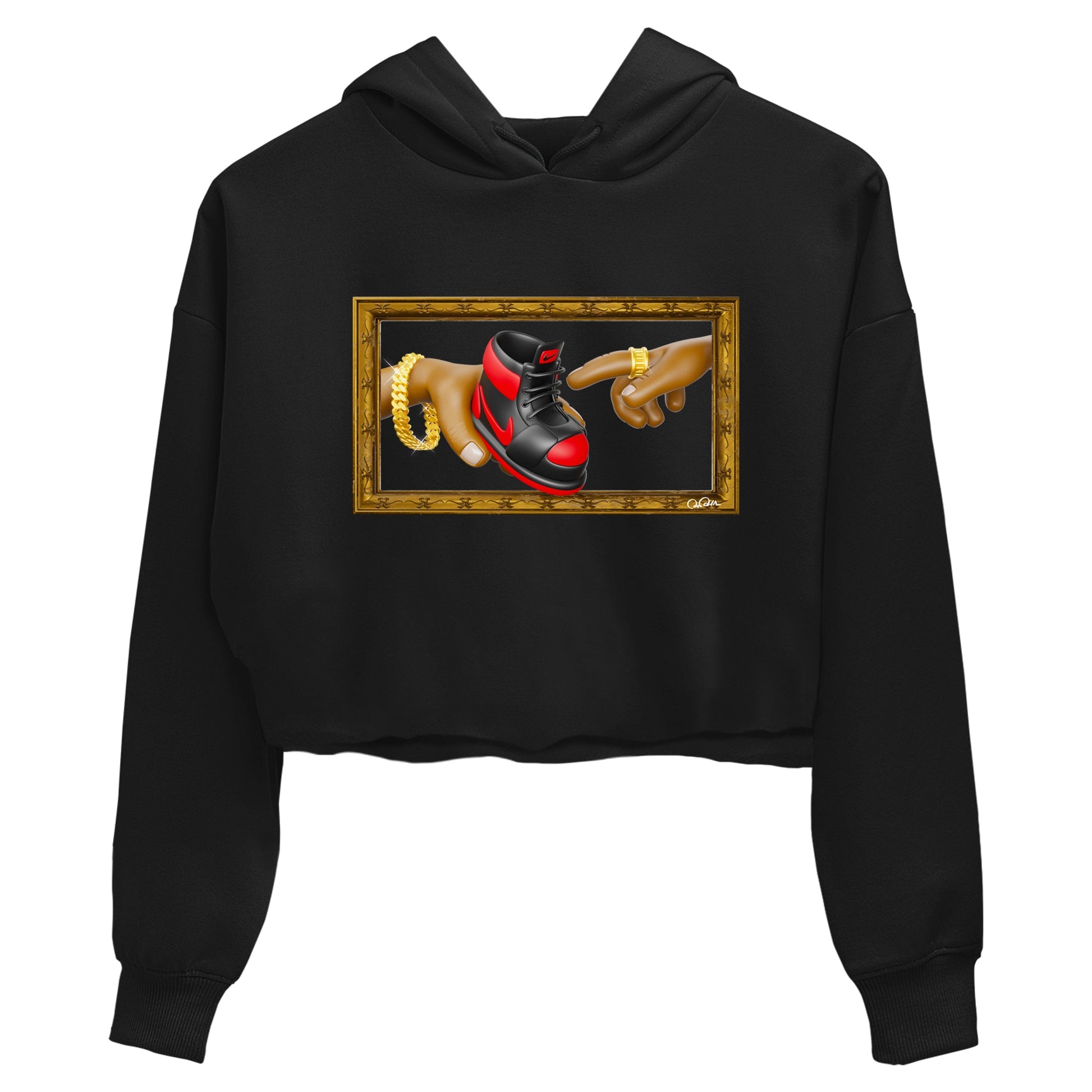 Air Jordan 1 Satin Bred shirt to match jordans The Creation of Adam sneaker tees AJ1 Satin Bred SNRT Sneaker Release Tees Black 2 Crop T-Shirt
