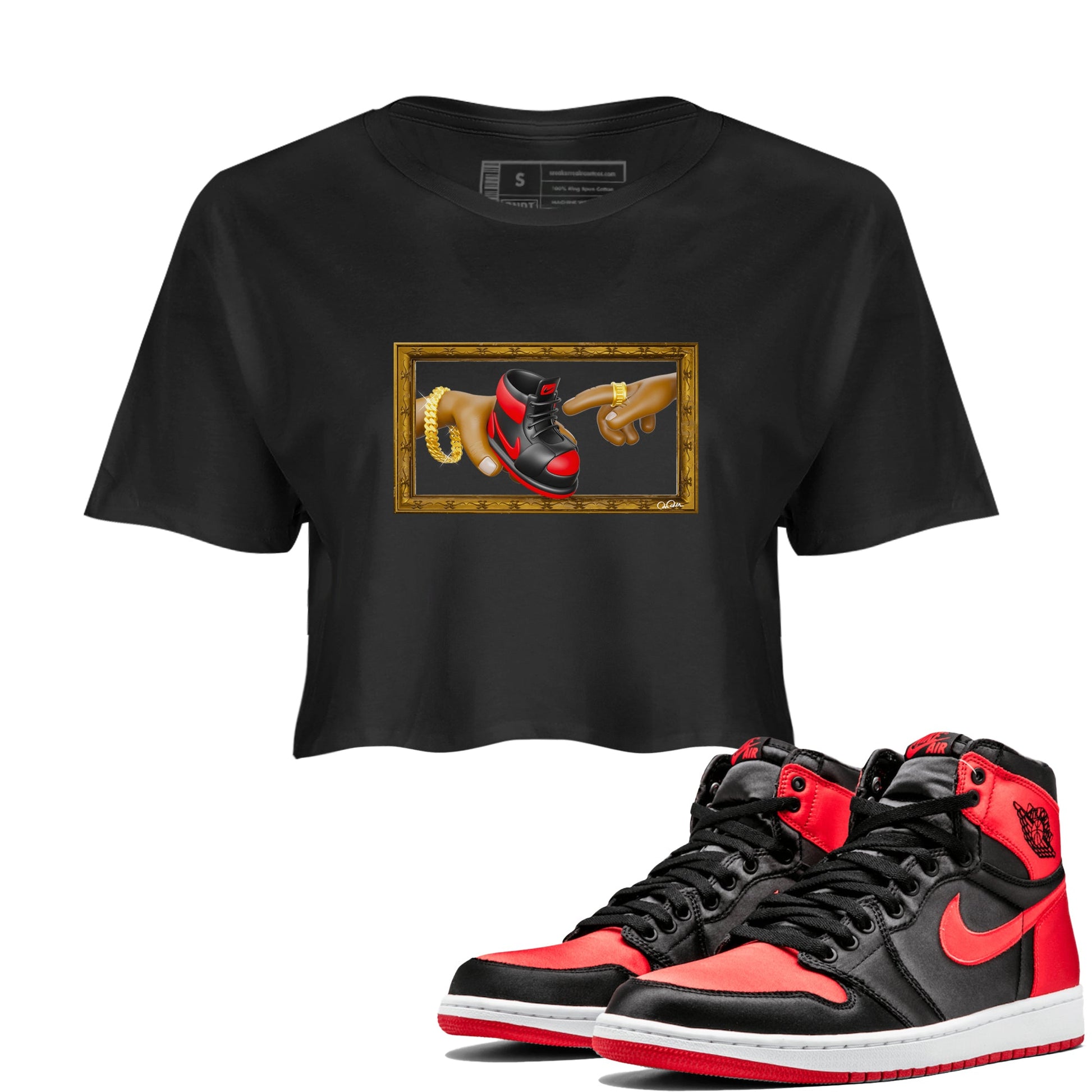 Air Jordan 1 Satin Bred shirt to match jordans The Creation of Adam sneaker tees AJ1 Satin Bred SNRT Sneaker Release Tees Black 1 Crop T-Shirt