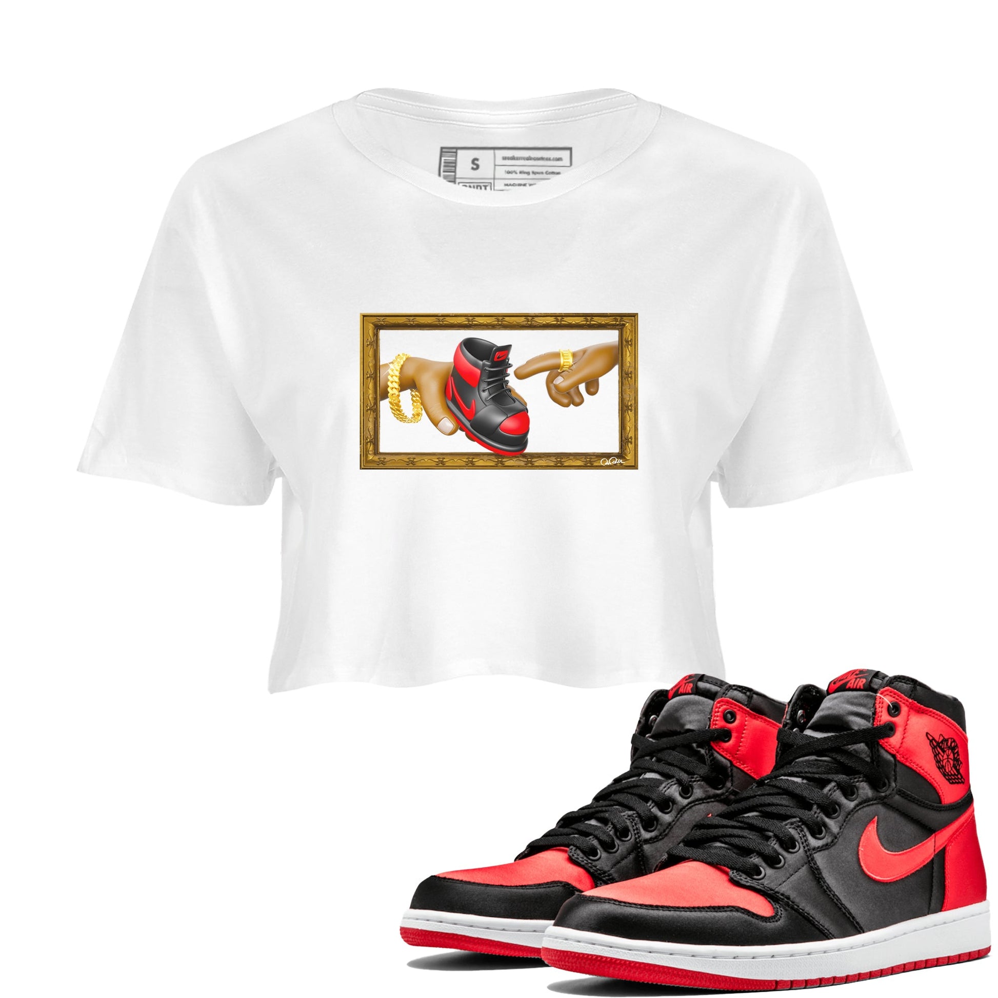 Air Jordan 1 Satin Bred shirt to match jordans The Creation of Adam sneaker tees AJ1 Satin Bred SNRT Sneaker Release Tees White 1 Crop T-Shirt