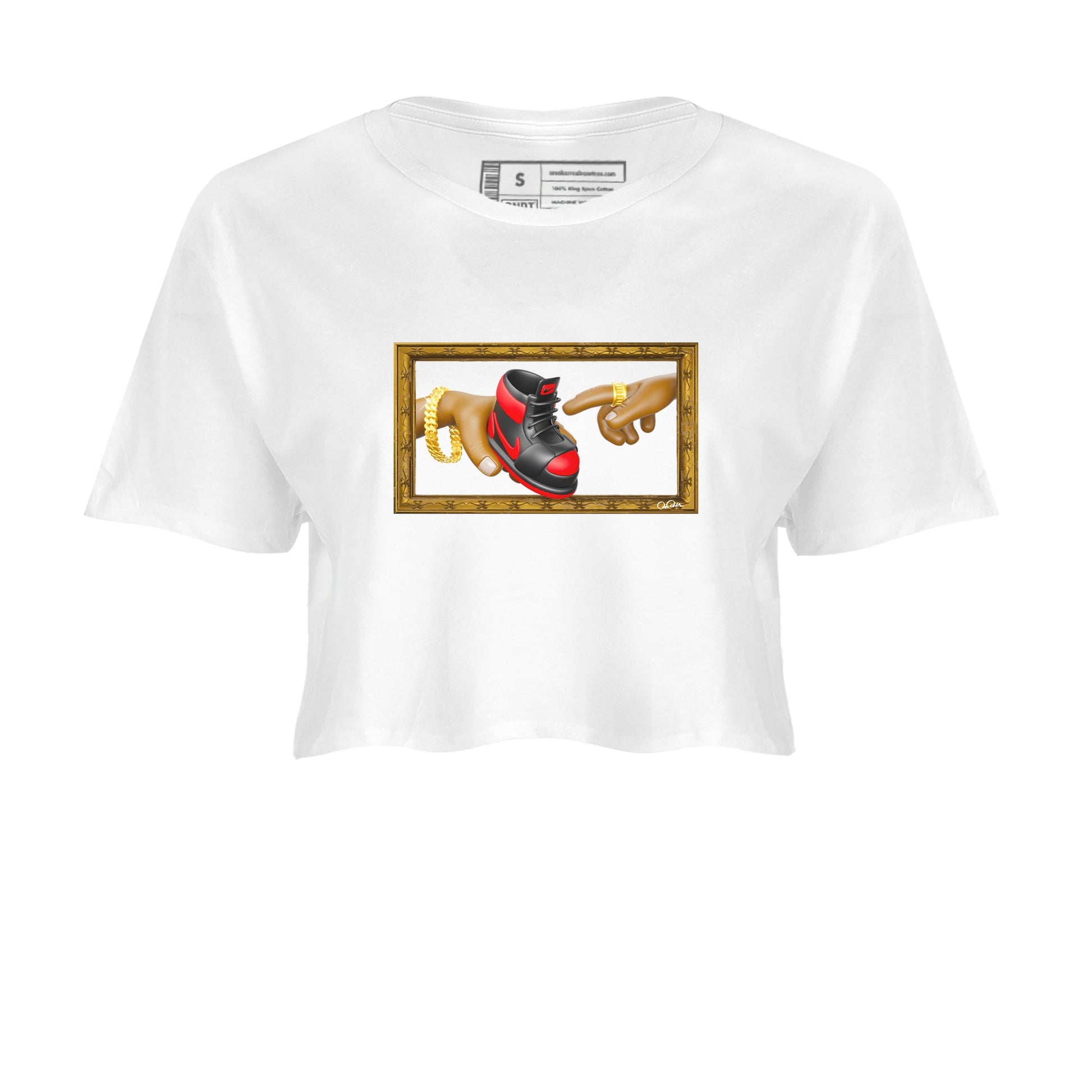 Air Jordan 1 Satin Bred shirt to match jordans The Creation of Adam sneaker tees AJ1 Satin Bred SNRT Sneaker Release Tees White 2 Crop T-Shirt