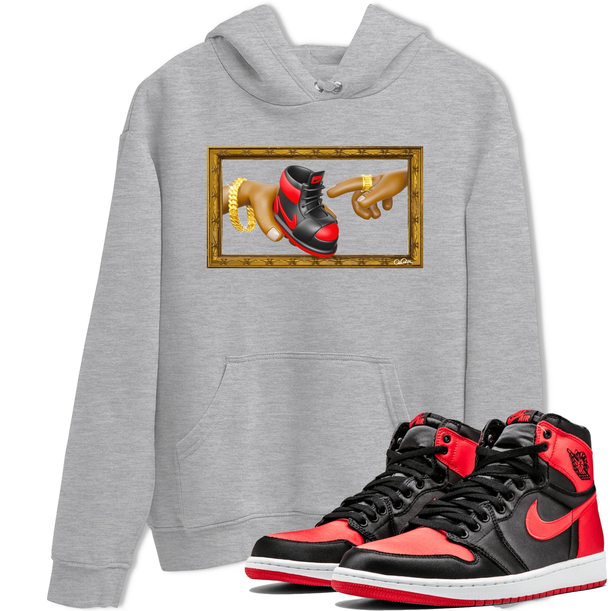 Air Jordan 1 Satin Bred shirt to match jordans The Creation of Adam sneaker tees AJ1 Satin Bred SNRT Sneaker Release Tees Unisex Heather Grey 1 T-Shirt