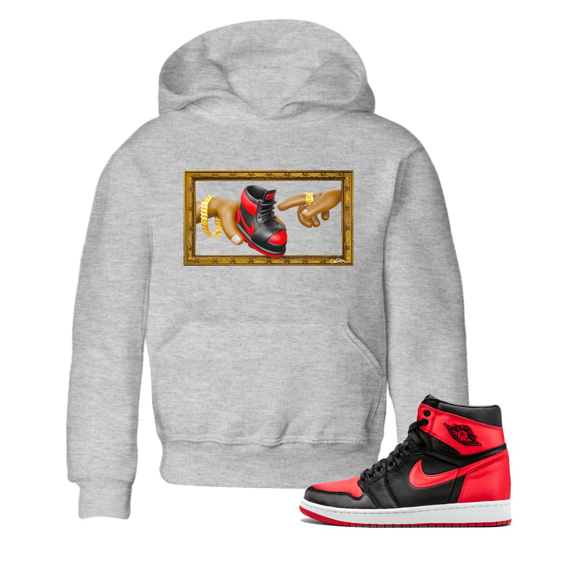 Air Jordan 1 Satin Bred shirt to match jordans The Creation of Adam sneaker tees AJ1 Satin Bred SNRT Sneaker Release Tees Baby Toddler Heather Grey 1 T-Shirt