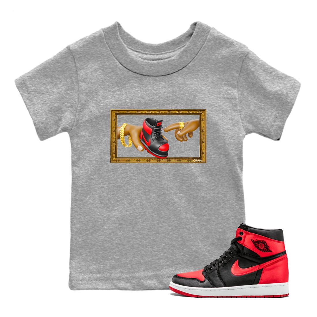 Air Jordan 1 Satin Bred shirt to match jordans The Creation of Adam sneaker tees AJ1 Satin Bred SNRT Sneaker Release Tees Baby Toddler Heather Grey 1 T-Shirt