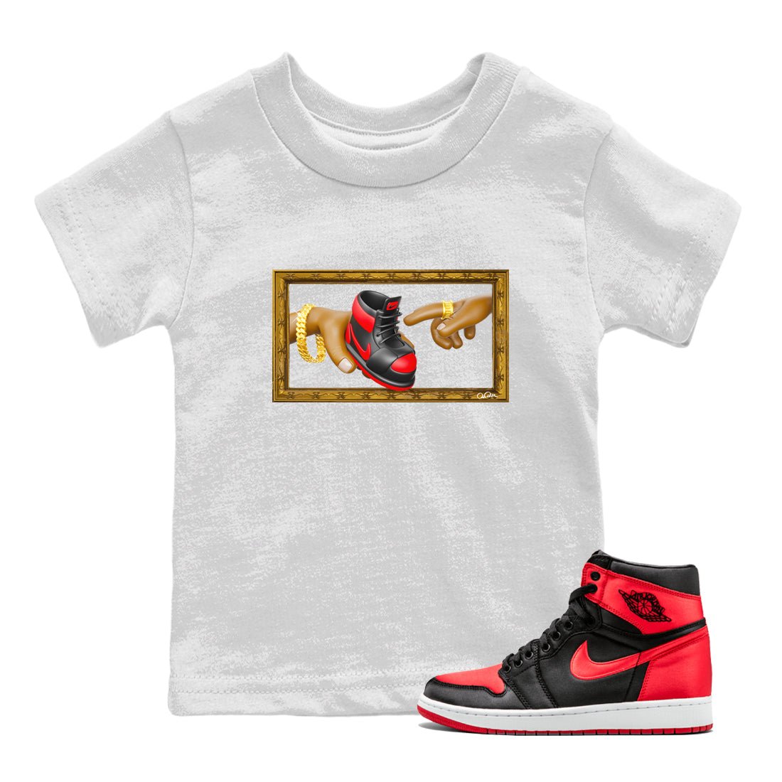 Air Jordan 1 Satin Bred shirt to match jordans The Creation of Adam sneaker tees AJ1 Satin Bred SNRT Sneaker Release Tees Baby Toddler White 1 T-Shirt