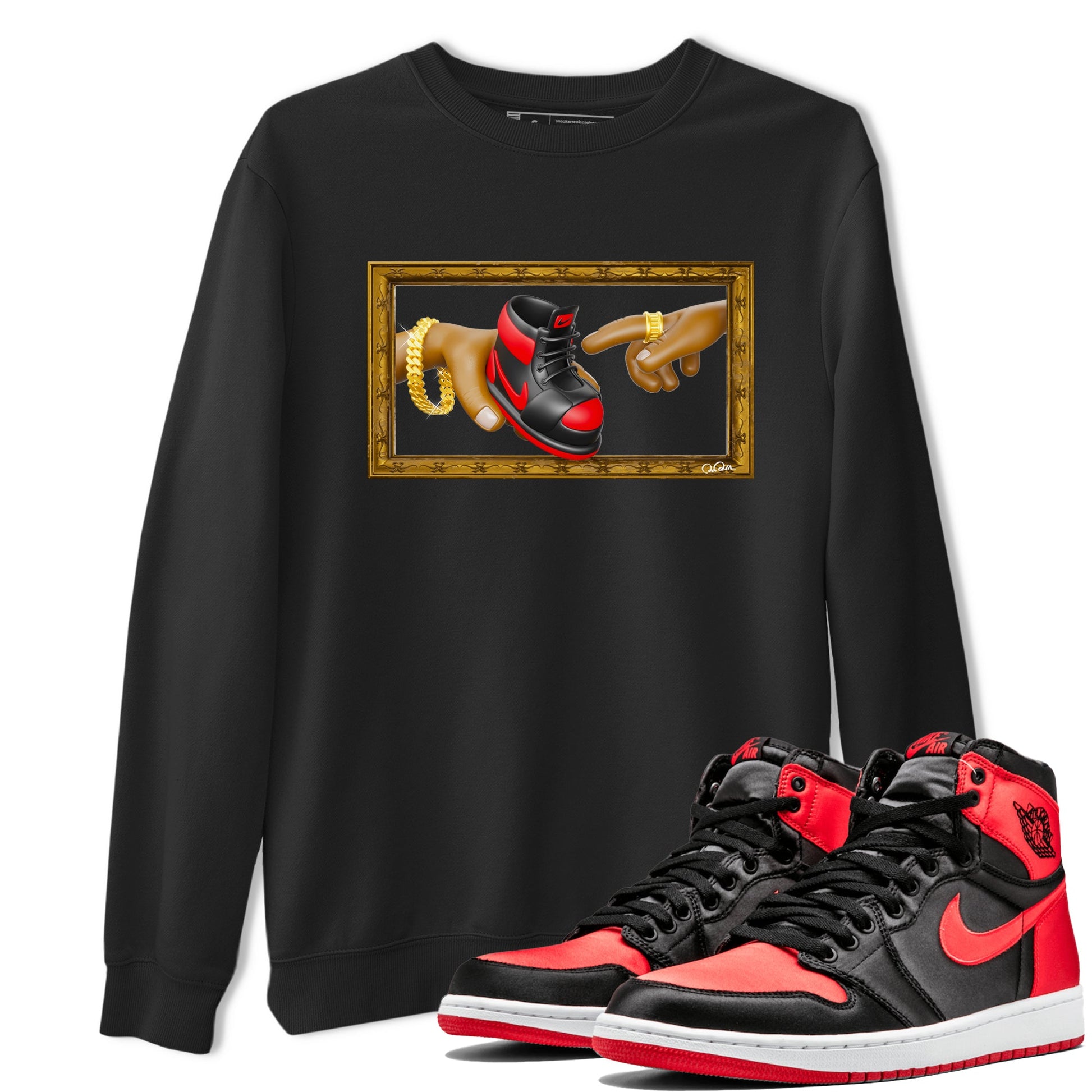 Air Jordan 1 Satin Bred shirt to match jordans The Creation of Adam sneaker tees AJ1 Satin Bred SNRT Sneaker Release Tees Unisex Black 1 T-Shirt