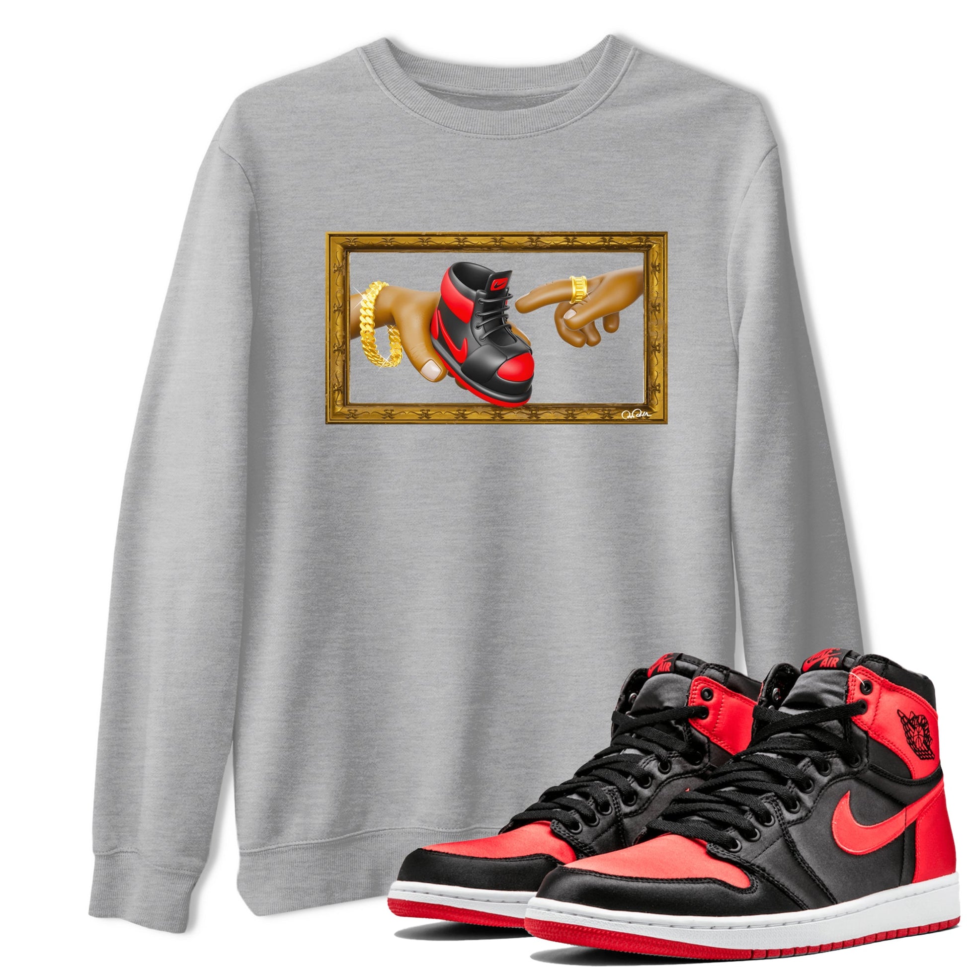 Air Jordan 1 Satin Bred shirt to match jordans The Creation of Adam sneaker tees AJ1 Satin Bred SNRT Sneaker Release Tees Unisex Heather Grey 1 T-Shirt