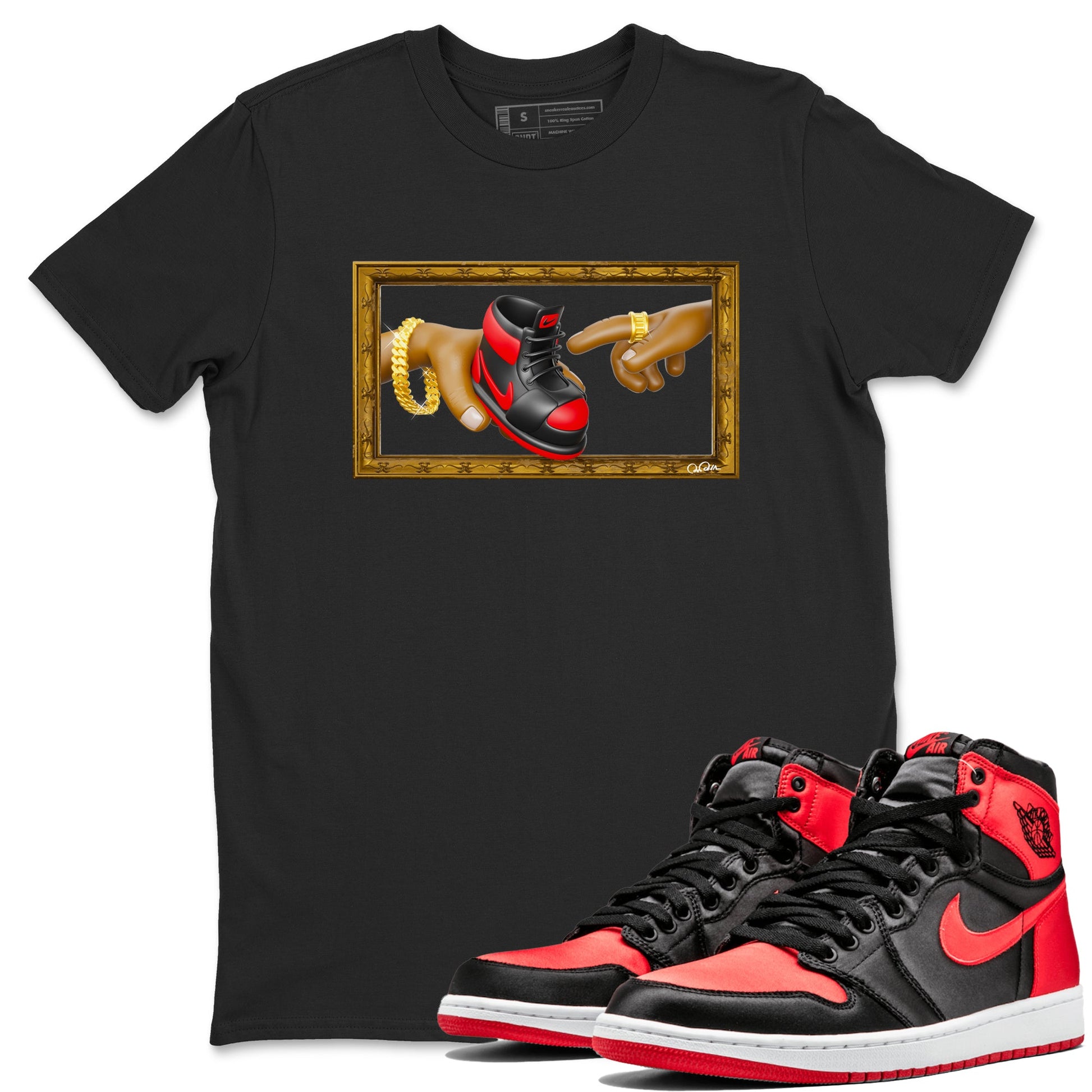 Air Jordan 1 Satin Bred shirt to match jordans The Creation of Adam sneaker tees AJ1 Satin Bred SNRT Sneaker Release Tees Unisex Black 1 T-Shirt