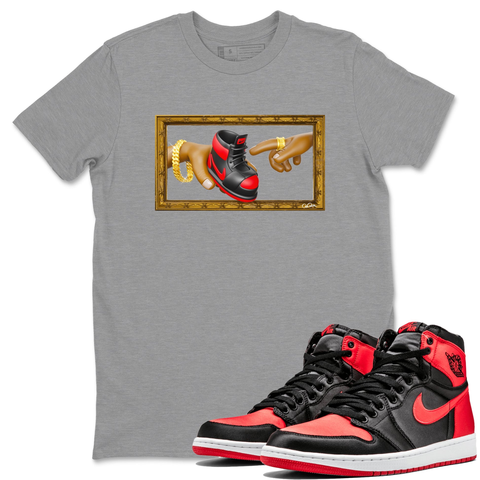 Air Jordan 1 Satin Bred shirt to match jordans The Creation of Adam sneaker tees AJ1 Satin Bred SNRT Sneaker Release Tees Unisex Heather Grey 1 T-Shirt