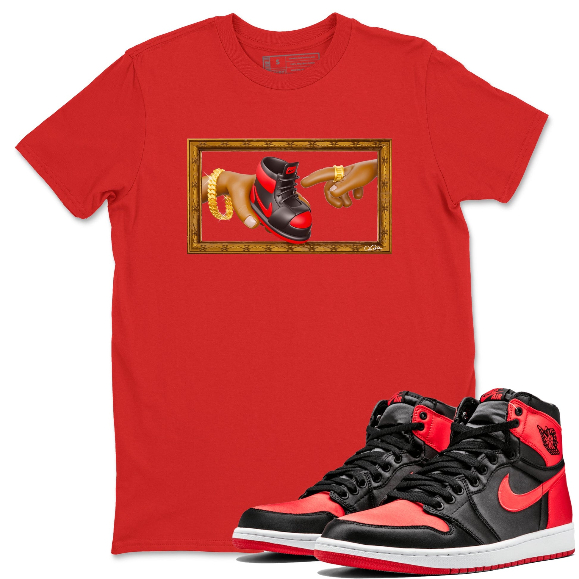 Air Jordan 1 Satin Bred shirt to match jordans The Creation of Adam sneaker tees AJ1 Satin Bred SNRT Sneaker Release Tees Unisex Red 1 T-Shirt