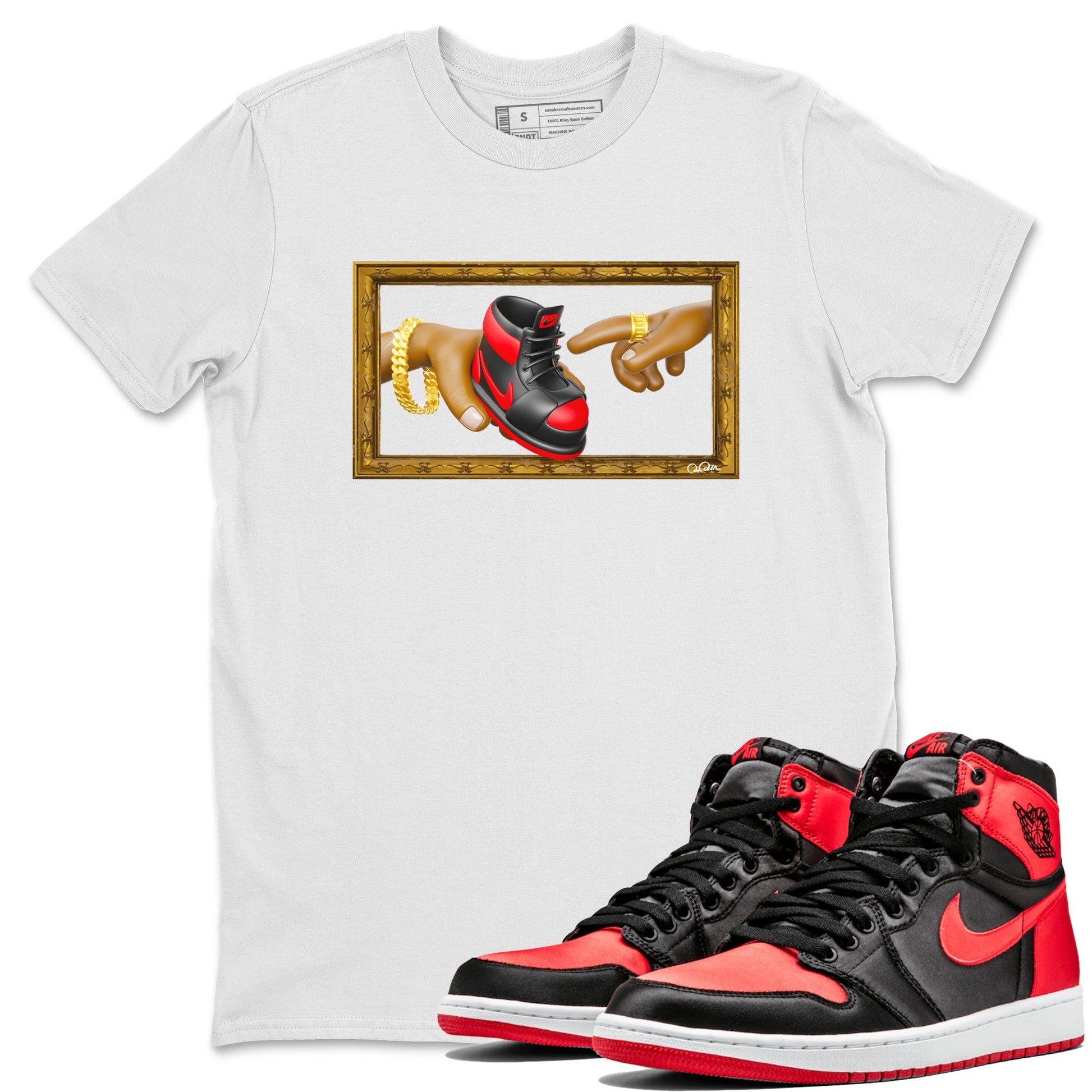 Air Jordan 1 Satin Bred shirt to match jordans The Creation of Adam sneaker tees AJ1 Satin Bred SNRT Sneaker Release Tees Unisex White 1 T-Shirt