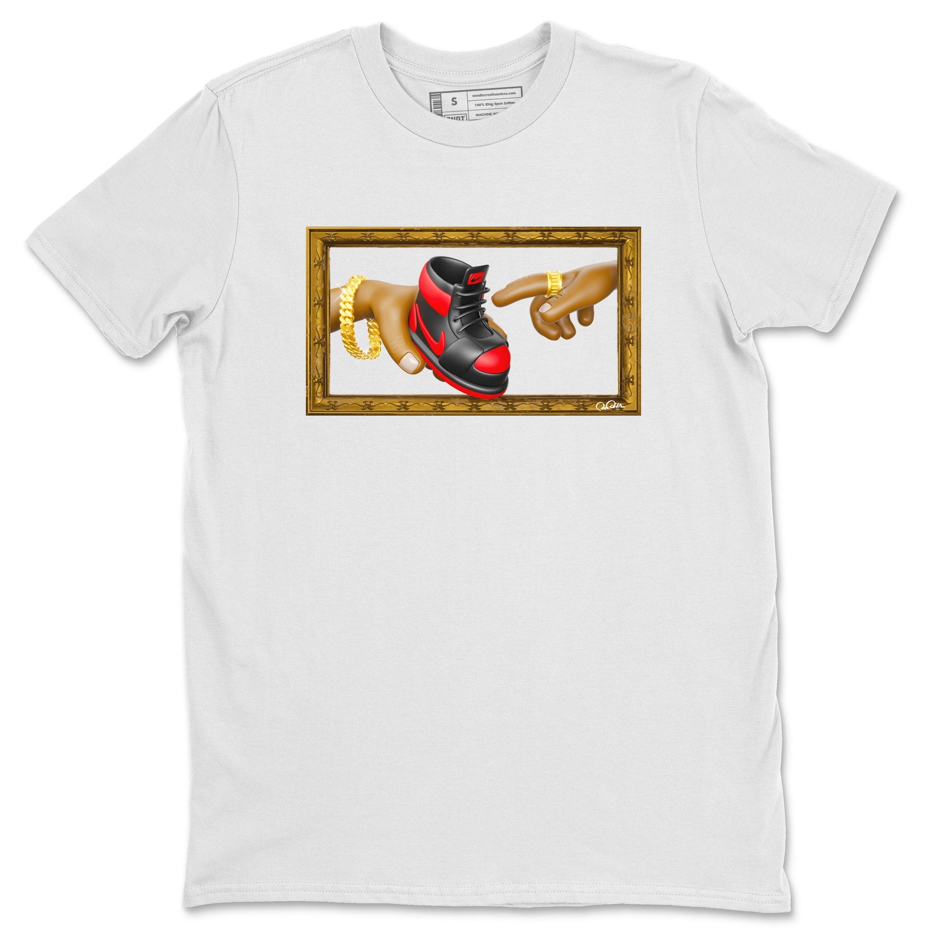 Air Jordan 1 Satin Bred shirt to match jordans The Creation of Adam sneaker tees AJ1 Satin Bred SNRT Sneaker Release Tees Unisex White 2 T-Shirt