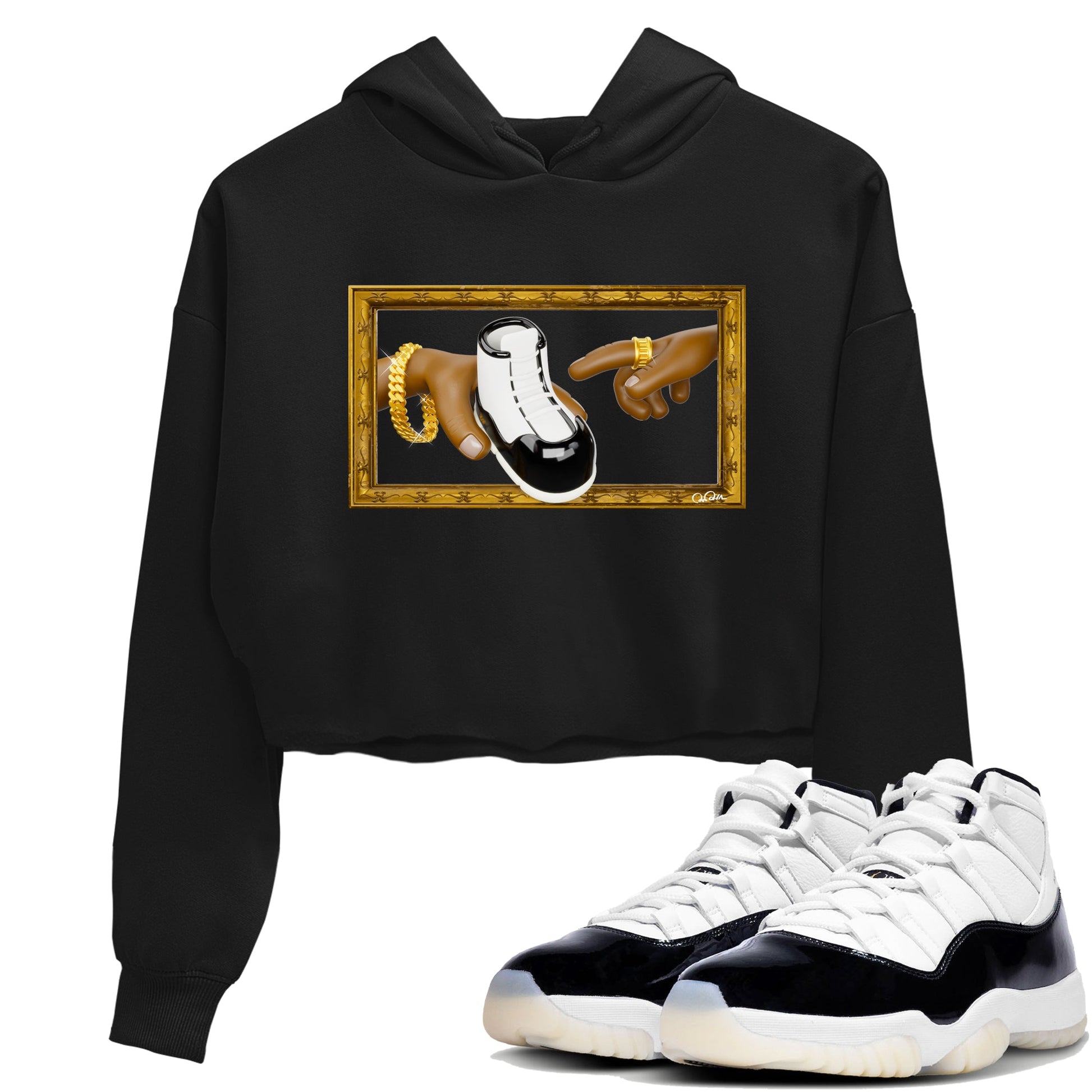 Air Jordan 11 Gratitude shirt to match jordans The Creation Of Adam sneaker tees AJ11 Gratitude SNRT Sneaker Release Tees Black 1 Crop T-Shirt