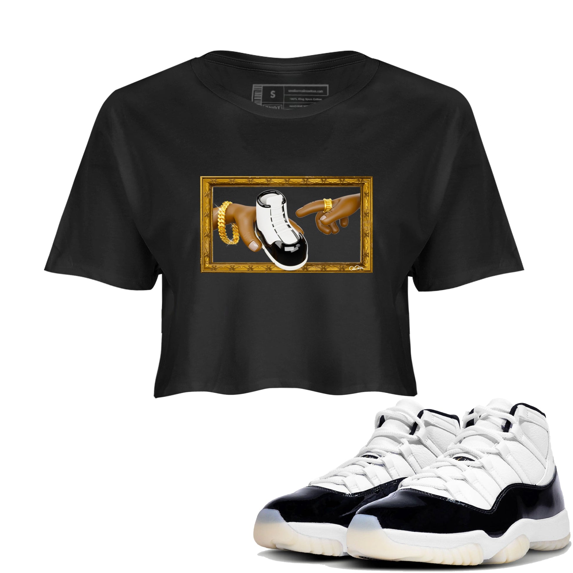 Air Jordan 11 Gratitude shirt to match jordans The Creation Of Adam sneaker tees AJ11 Gratitude SNRT Sneaker Release Tees Black 1 Crop T-Shirt