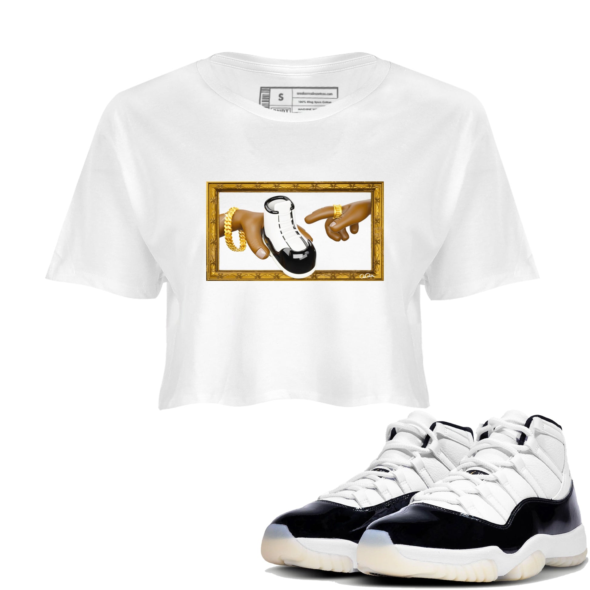 Air Jordan 11 Gratitude shirt to match jordans The Creation Of Adam sneaker tees AJ11 Gratitude SNRT Sneaker Release Tees White 1 Crop T-Shirt