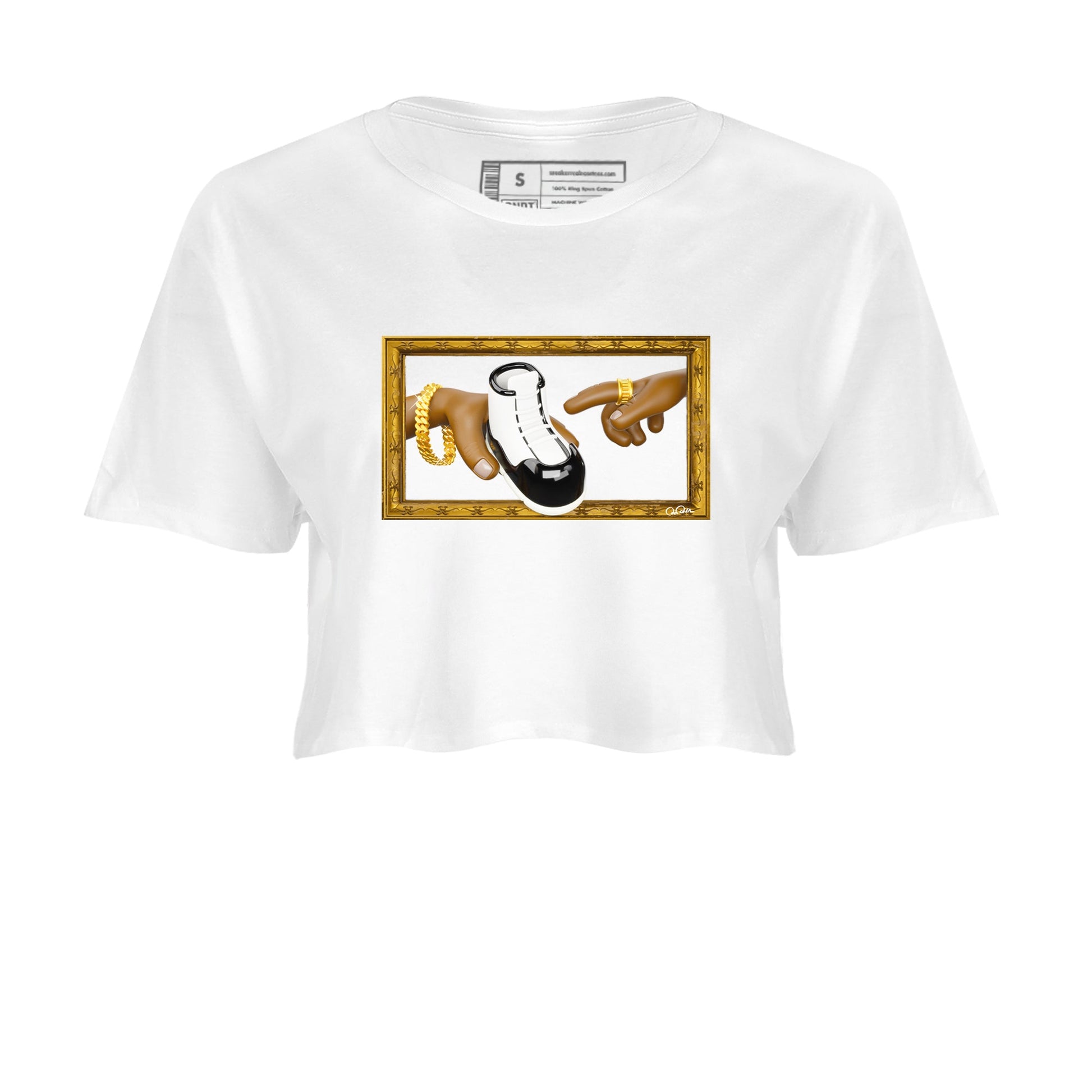Air Jordan 11 Gratitude shirt to match jordans The Creation Of Adam sneaker tees AJ11 Gratitude SNRT Sneaker Release Tees White 2 Crop T-Shirt