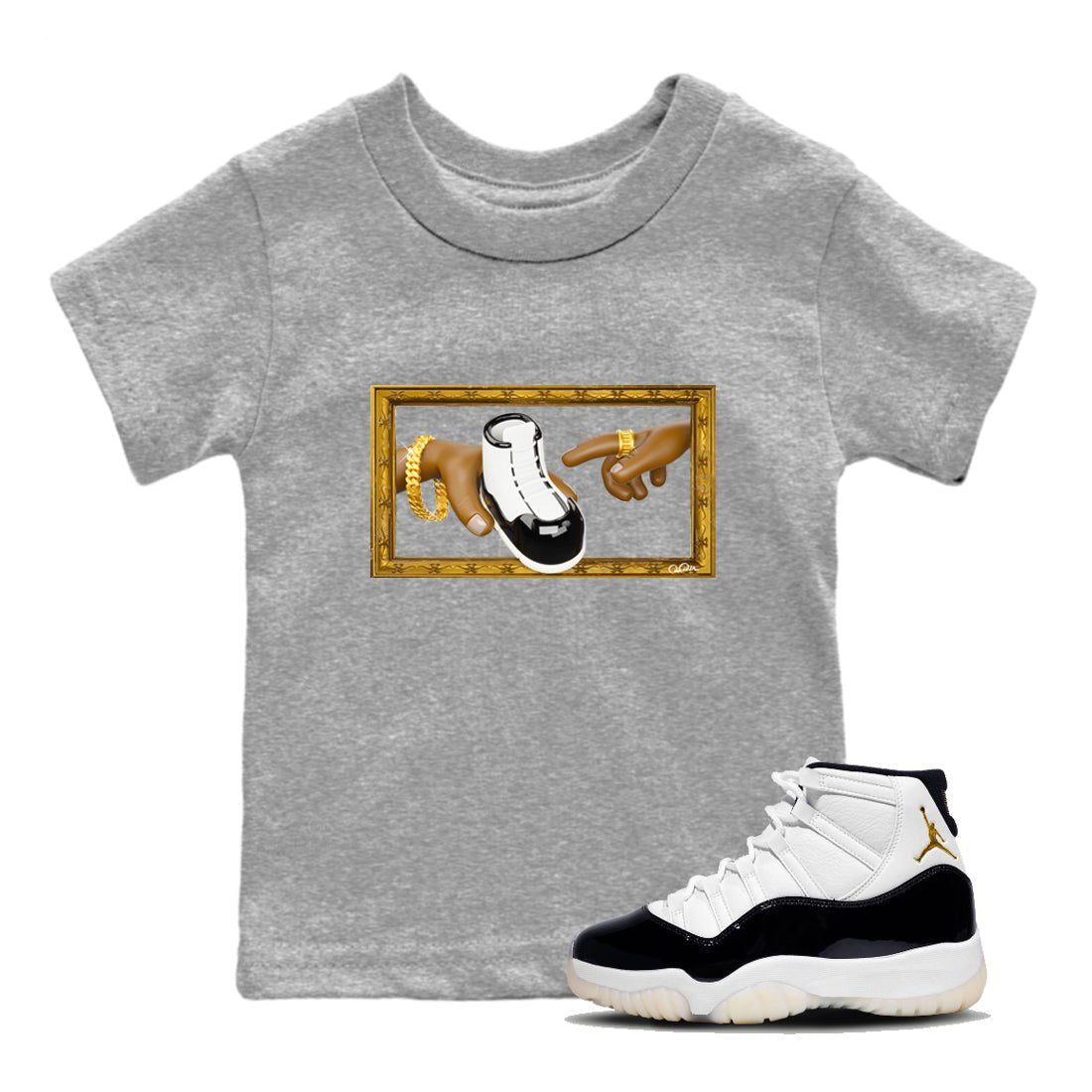 Air Jordan 11 Gratitude shirt to match jordans The Creation Of Adam sneaker tees AJ11 Gratitude SNRT Sneaker Release Tees Baby Toddler Heather Grey 1 T-Shirt