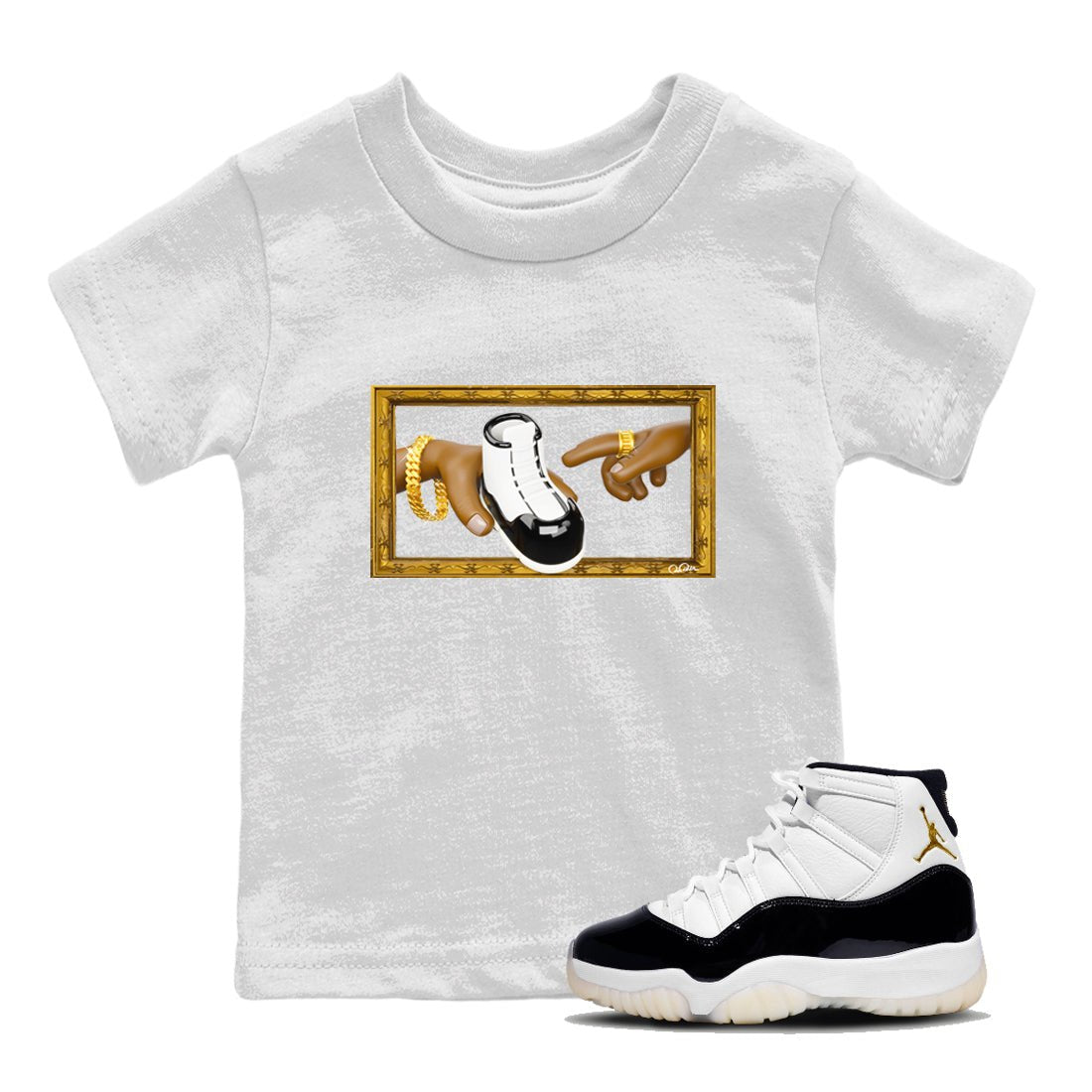 Air Jordan 11 Gratitude shirt to match jordans The Creation Of Adam sneaker tees AJ11 Gratitude SNRT Sneaker Release Tees Baby Toddler White 1 T-Shirt