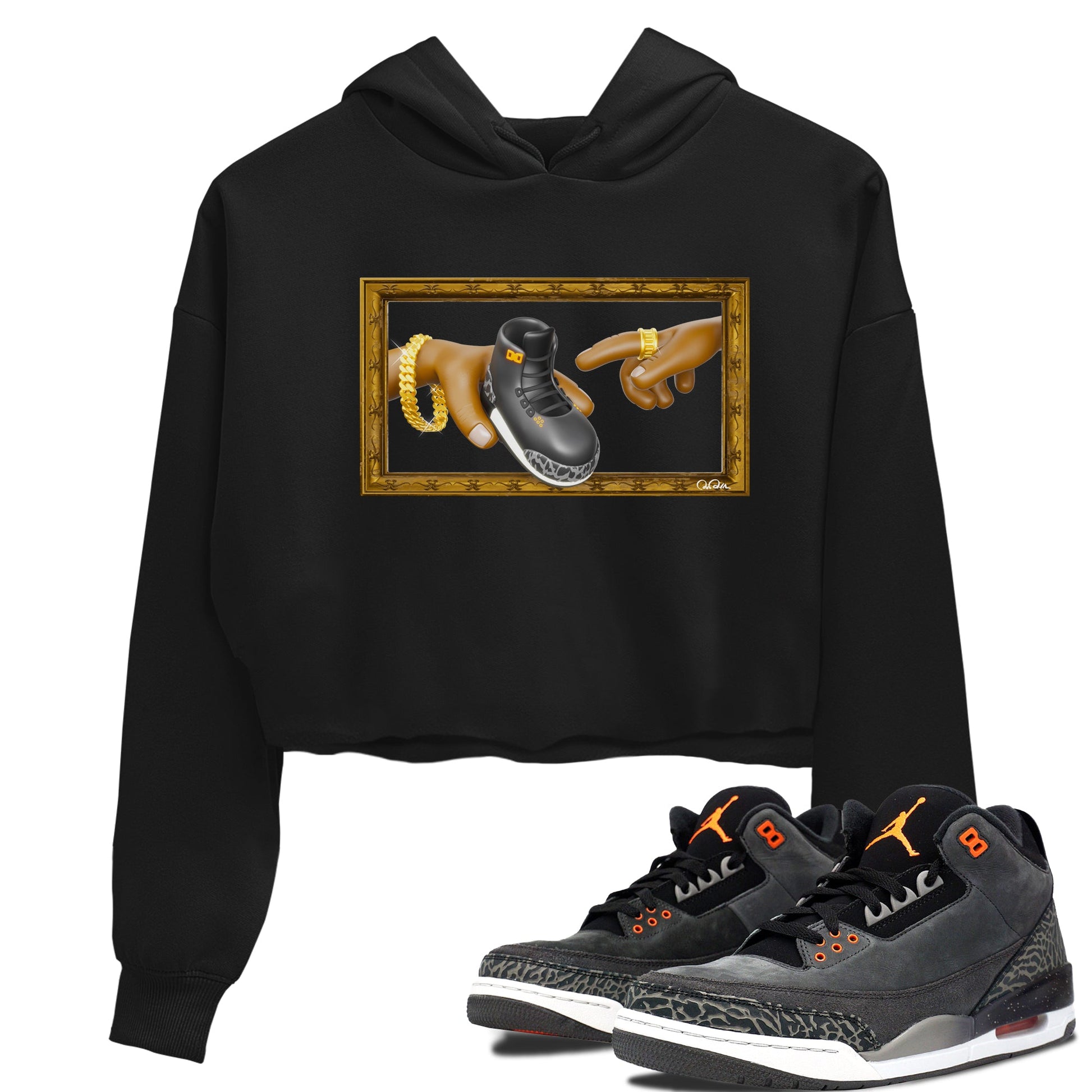 Air Jordan 3 Fear shirt to match jordans The Creation of Adam sneaker tees AJ3 Fear SNRT Sneaker Release Tees Black 1 Crop T-Shirt