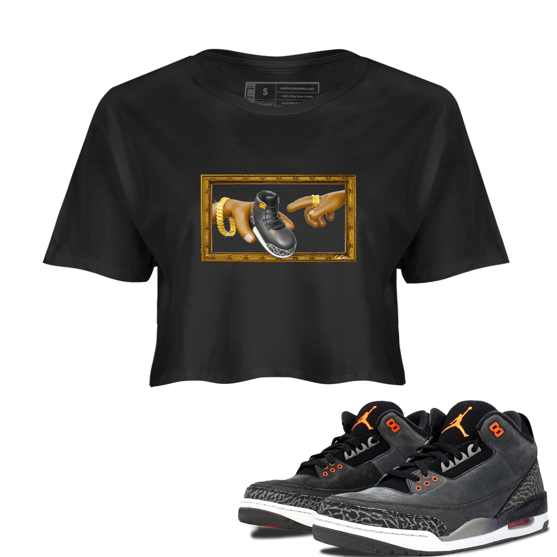 Air Jordan 3 Fear shirt to match jordans The Creation of Adam sneaker tees AJ3 Fear SNRT Sneaker Release Tees Black 1 Crop T-Shirt