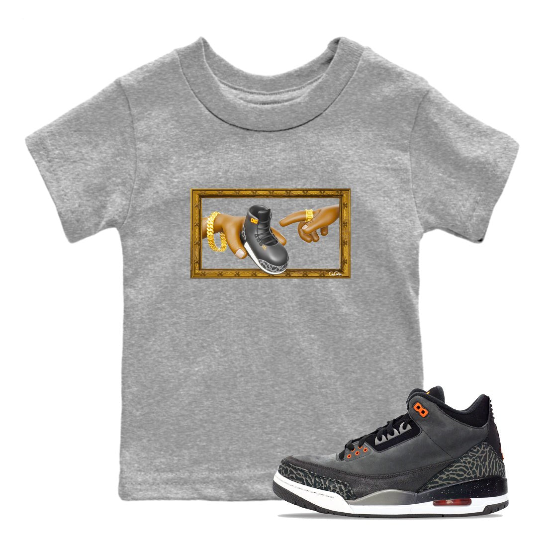 Air Jordan 3 Fear shirt to match jordans The Creation of Adam sneaker tees AJ3 Fear SNRT Sneaker Release Tees Baby Toddler Heather Grey 1 T-Shirt