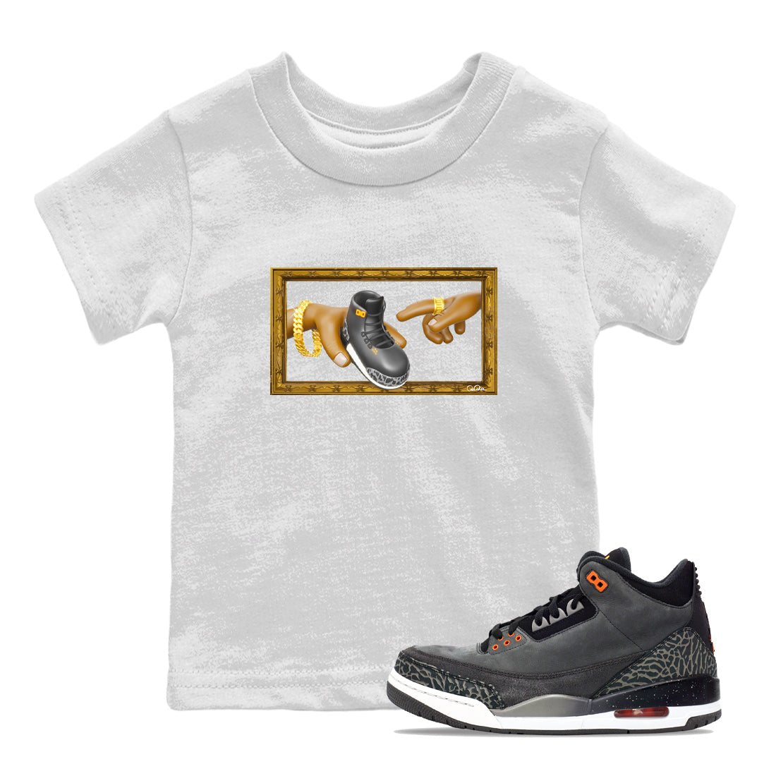 Air Jordan 3 Fear shirt to match jordans The Creation of Adam sneaker tees AJ3 Fear SNRT Sneaker Release Tees Baby Toddler White 1 T-Shirt