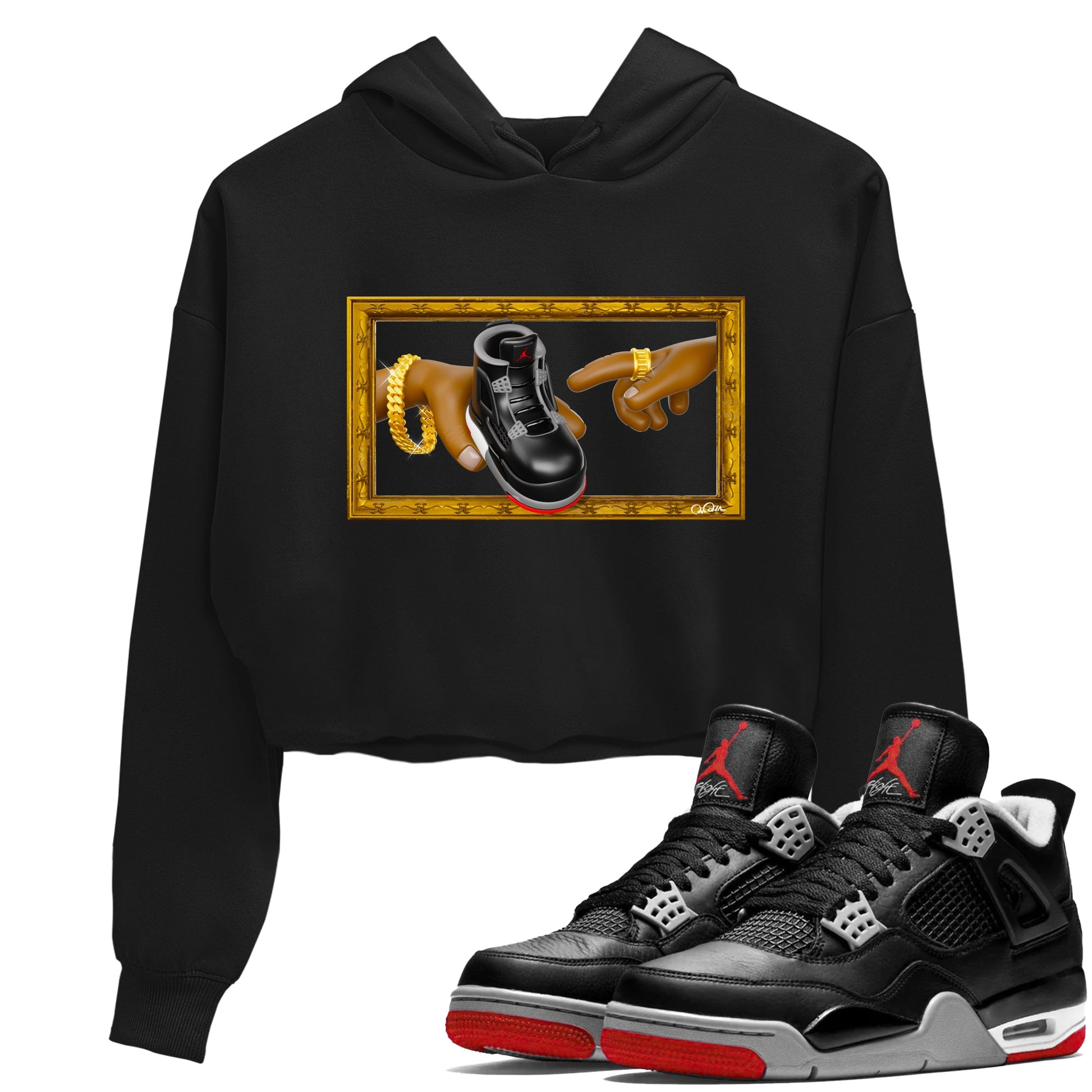 4s Bred Reimagined shirt to match jordans The Creation Of Adam sneaker tees Air Jordan 4 Bred Reimagined SNRT Sneaker Release Tees Black 1 crop length shirt
