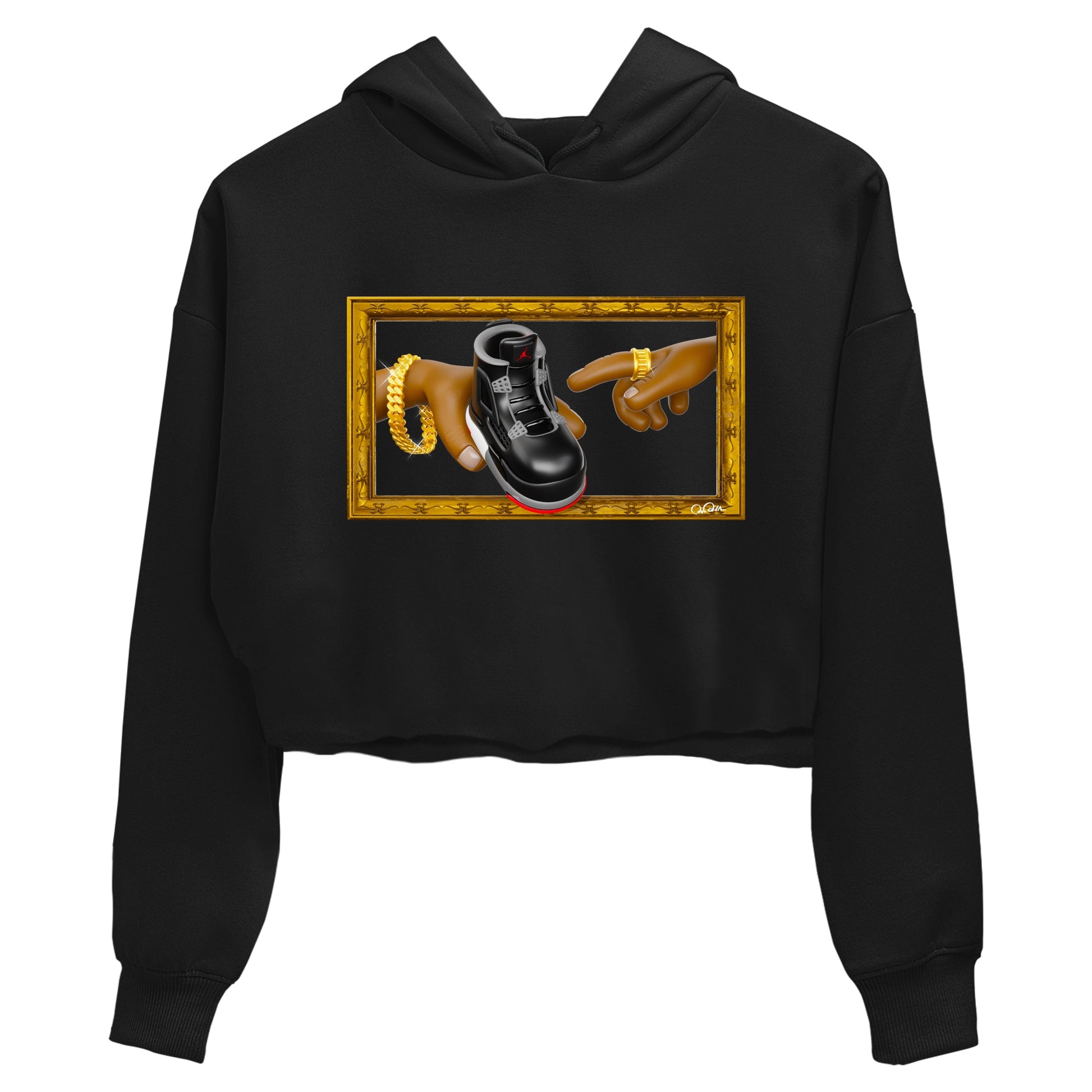 4s Bred Reimagined shirt to match jordans The Creation Of Adam sneaker tees Air Jordan 4 Bred Reimagined SNRT Sneaker Release Tees Black 2 crop length shirt