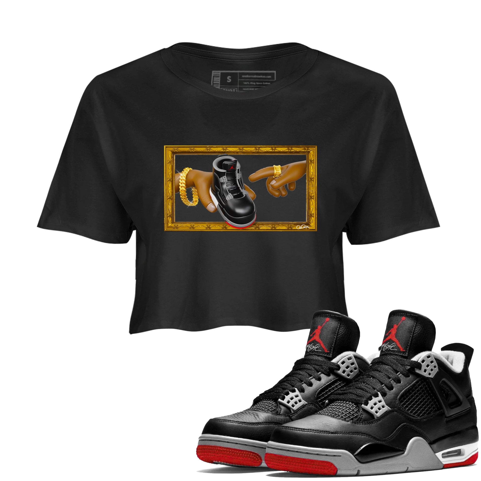 4s Bred Reimagined shirt to match jordans The Creation Of Adam sneaker tees Air Jordan 4 Bred Reimagined SNRT Sneaker Release Tees Black 1 crop length shirt