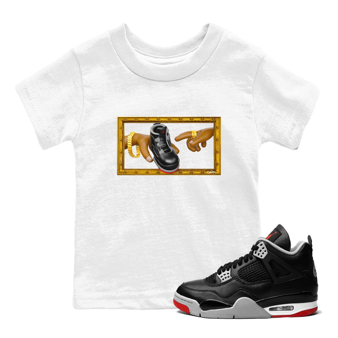 4s Bred Reimagined shirt to match jordans The Creation Of Adam sneaker tees Air Jordan 4 Bred Reimagined SNRT sneaker release tees baby toddler White 1 cotton Shirt