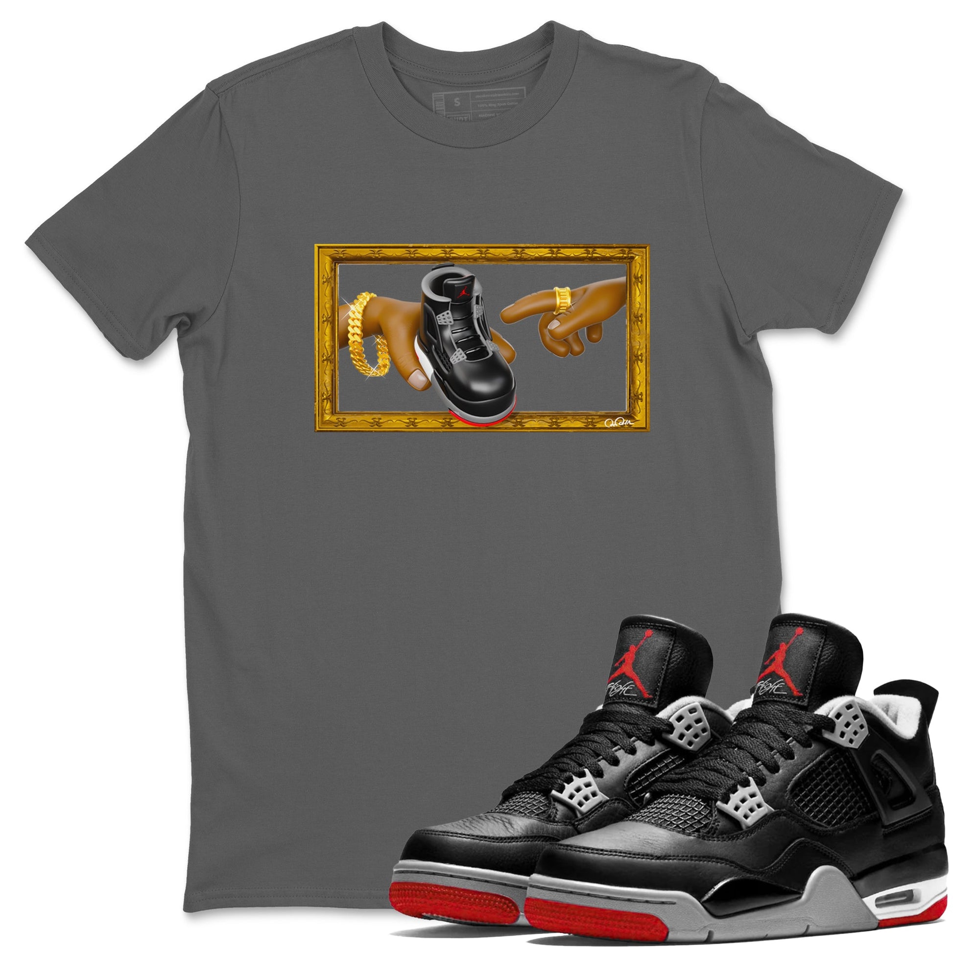 4s Bred Reimagined shirt to match jordans The Creation Of Adam sneaker tees Air Jordan 4 Bred Reimagined SNRT Sneaker Release Tees unisex cotton Cool Grey 1 crew neck shirt