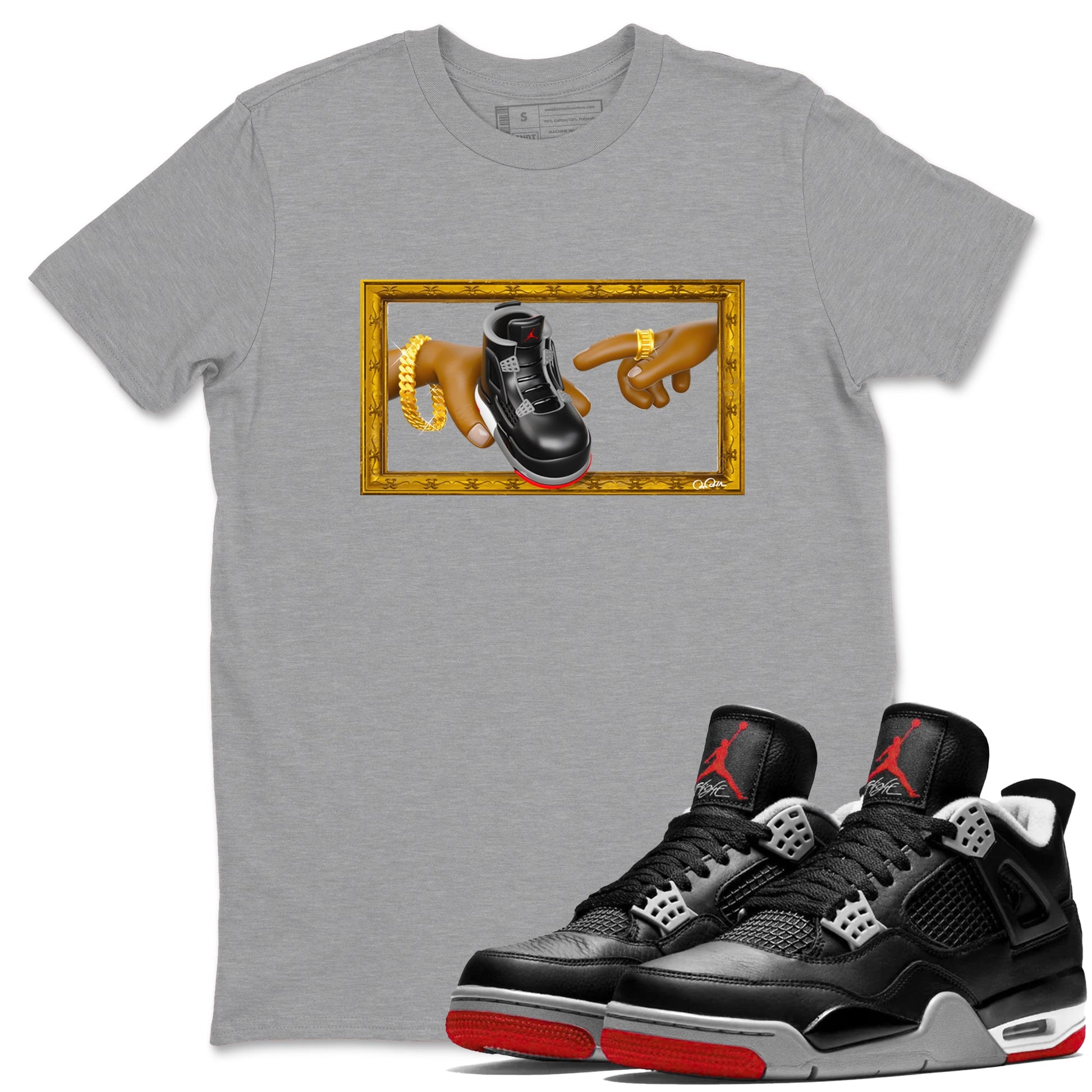 4s Bred Reimagined shirt to match jordans The Creation Of Adam sneaker tees Air Jordan 4 Bred Reimagined SNRT Sneaker Release Tees unisex cotton Heather Grey 1 crew neck shirt