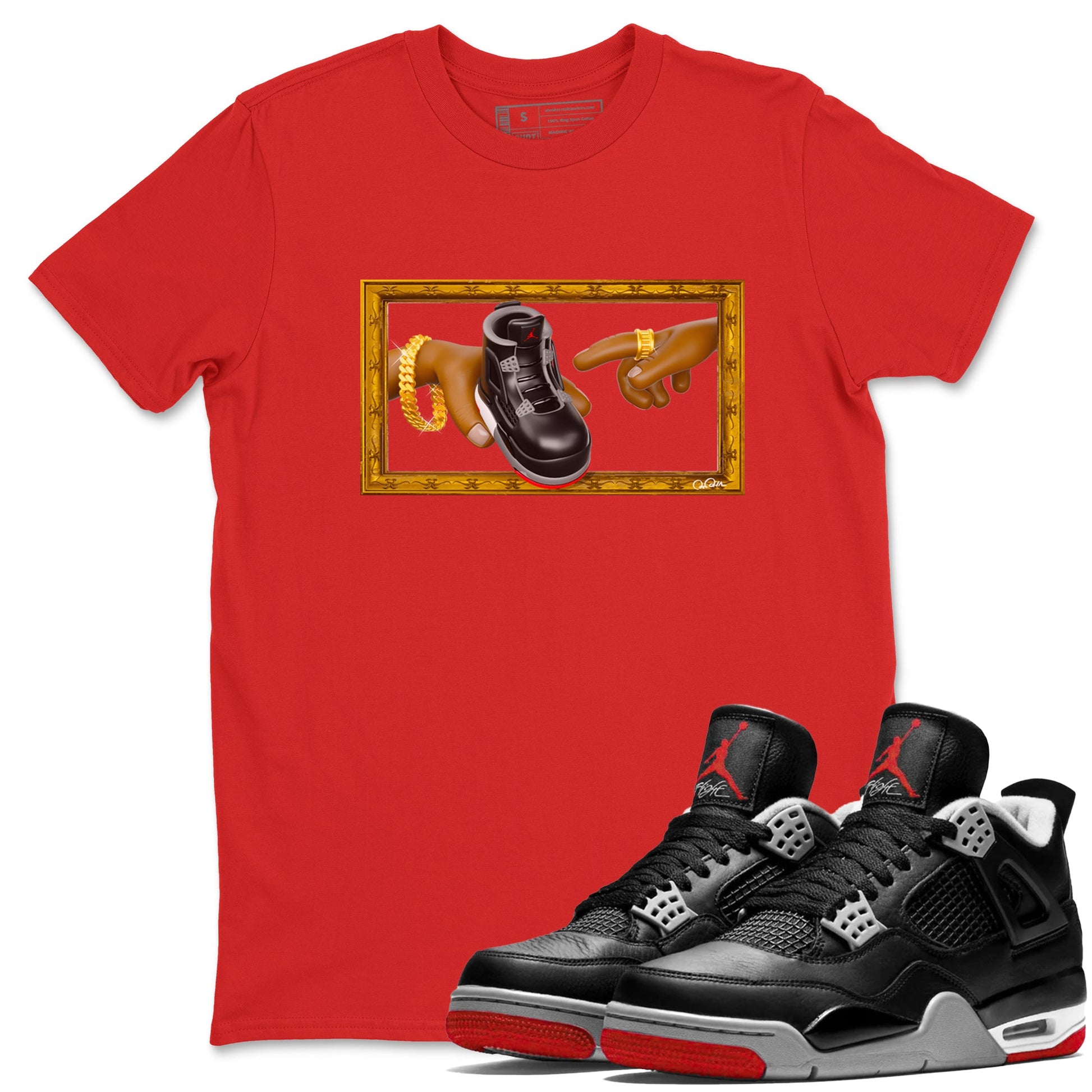 4s Bred Reimagined shirt to match jordans The Creation Of Adam sneaker tees Air Jordan 4 Bred Reimagined SNRT Sneaker Release Tees unisex cotton Red 1 crew neck shirt