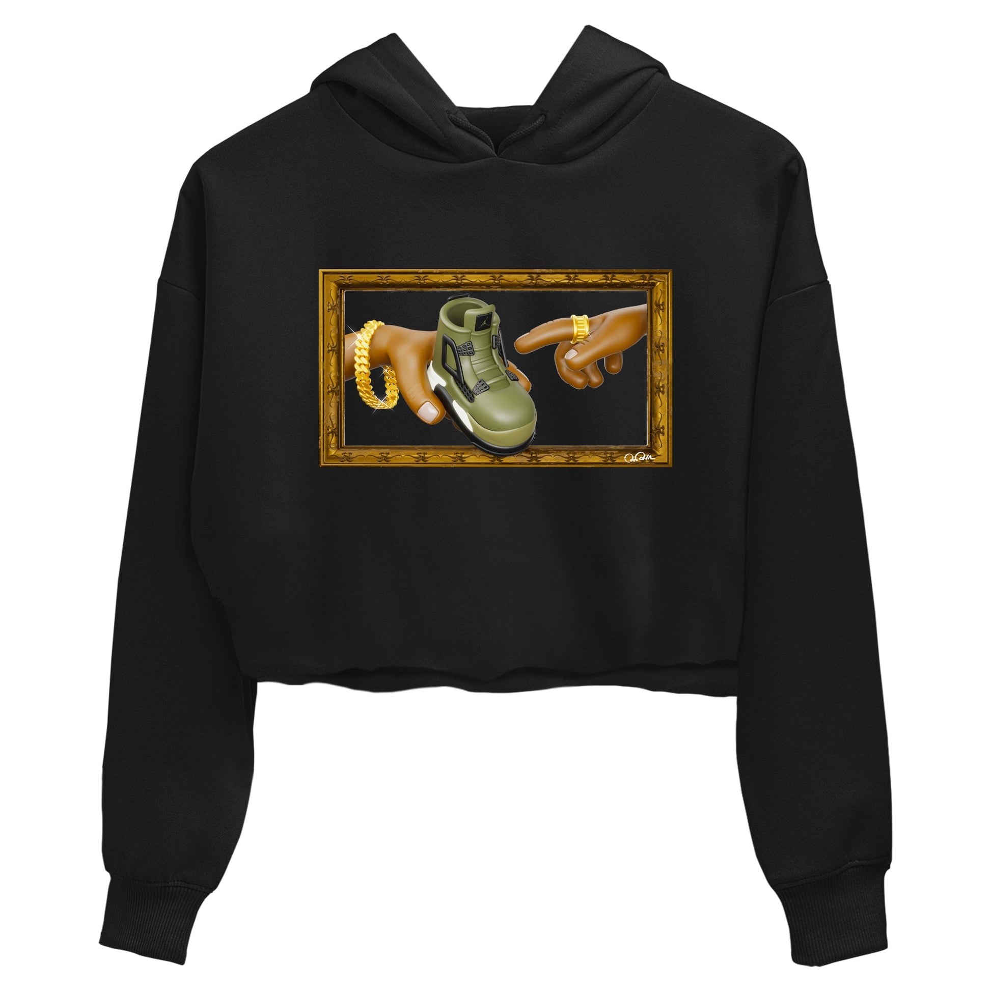 Air Jordan 4 Medium Olive shirt to match jordans The Creation of Adam sneaker tees AJ4 Medium Olive SNRT Sneaker Release Tees Black 2 Crop T-Shirt
