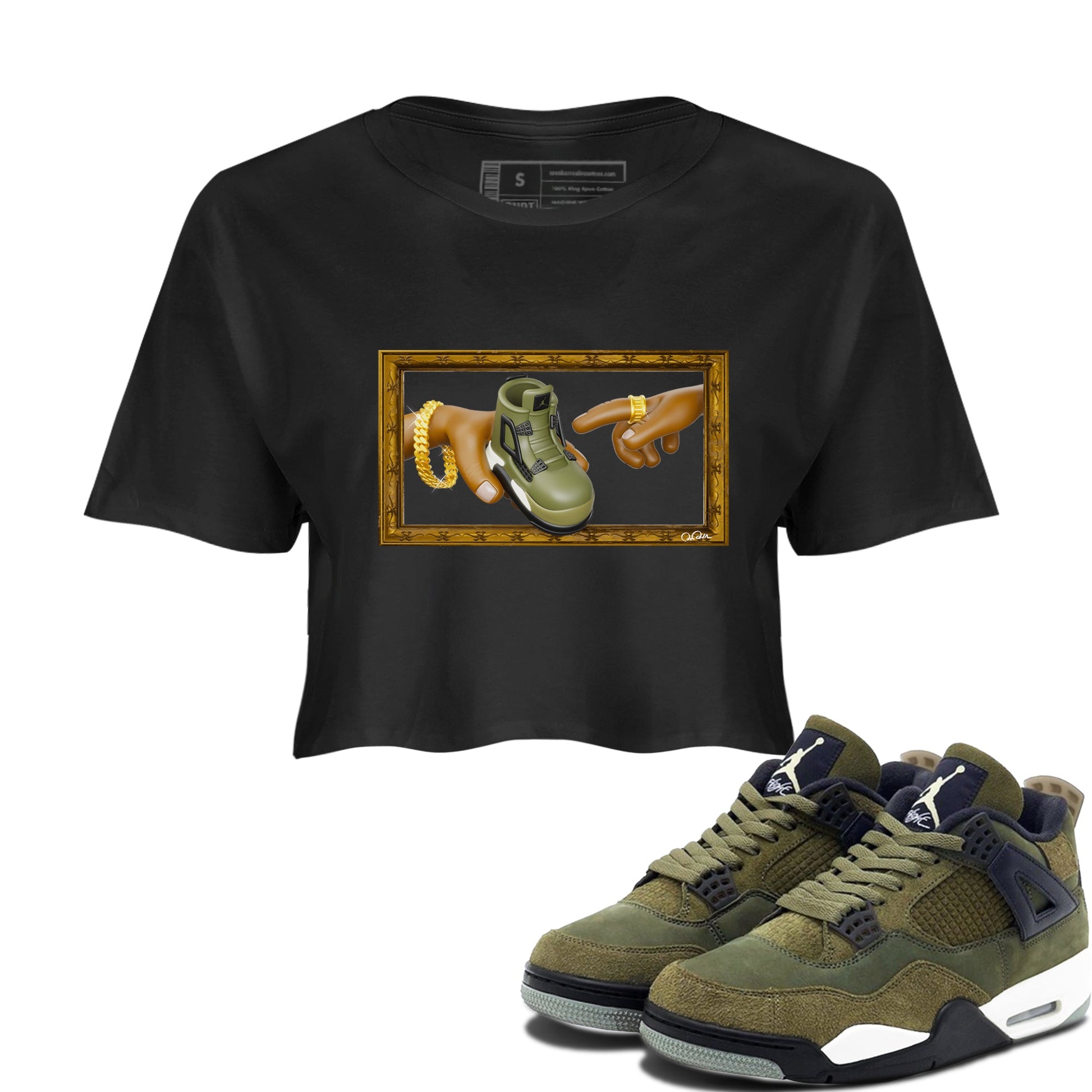 Air Jordan 4 Medium Olive shirt to match jordans The Creation of Adam sneaker tees AJ4 Medium Olive SNRT Sneaker Release Tees Black 1 Crop T-Shirt