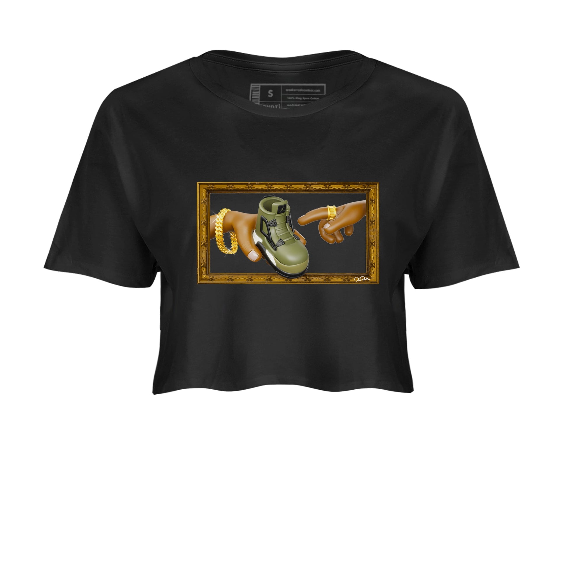 Air Jordan 4 Medium Olive shirt to match jordans The Creation of Adam sneaker tees AJ4 Medium Olive SNRT Sneaker Release Tees Black 2 Crop T-Shirt