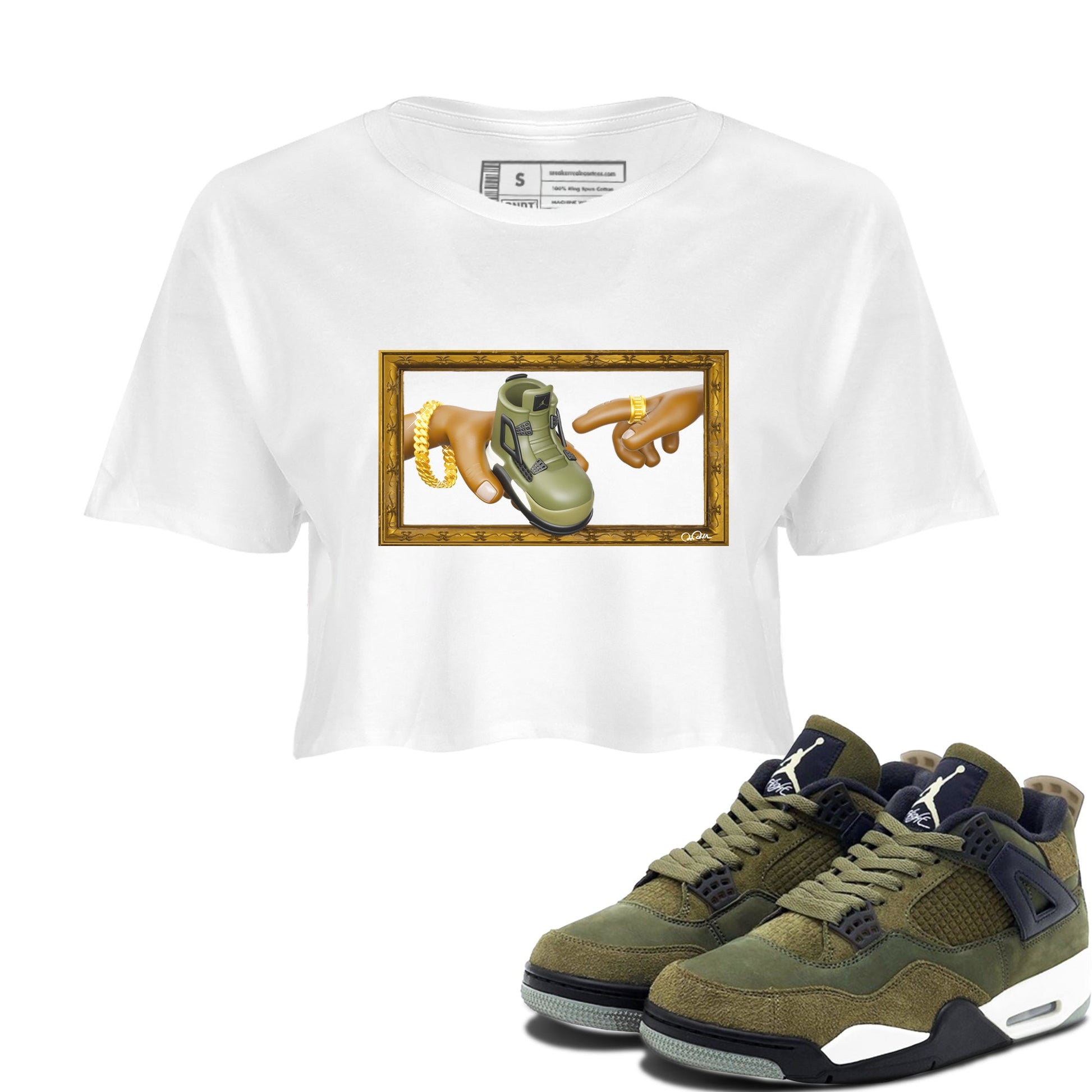 Air Jordan 4 Medium Olive shirt to match jordans The Creation of Adam sneaker tees AJ4 Medium Olive SNRT Sneaker Release Tees White 1 Crop T-Shirt