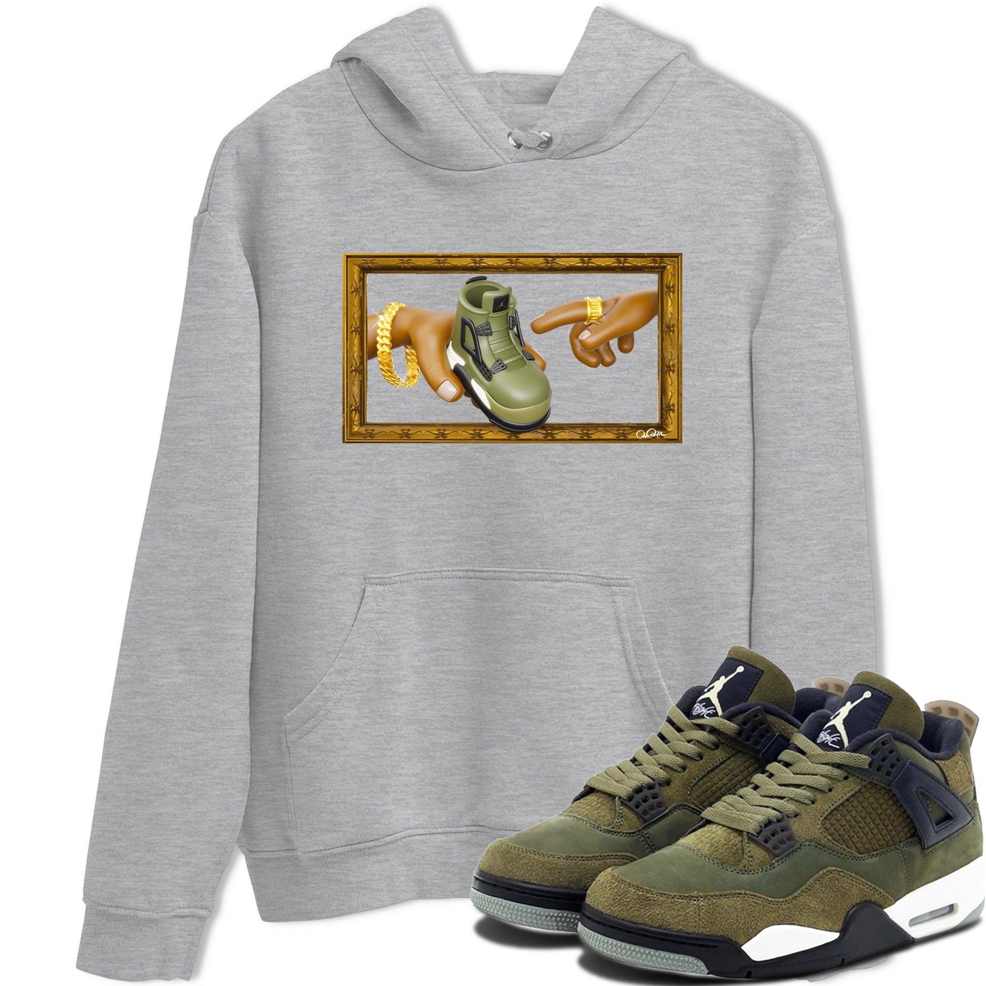 Air Jordan 4 Medium Olive shirt to match jordans The Creation of Adam sneaker tees AJ4 Medium Olive SNRT Sneaker Release Tees Unisex Heather Grey 1 T-Shirt