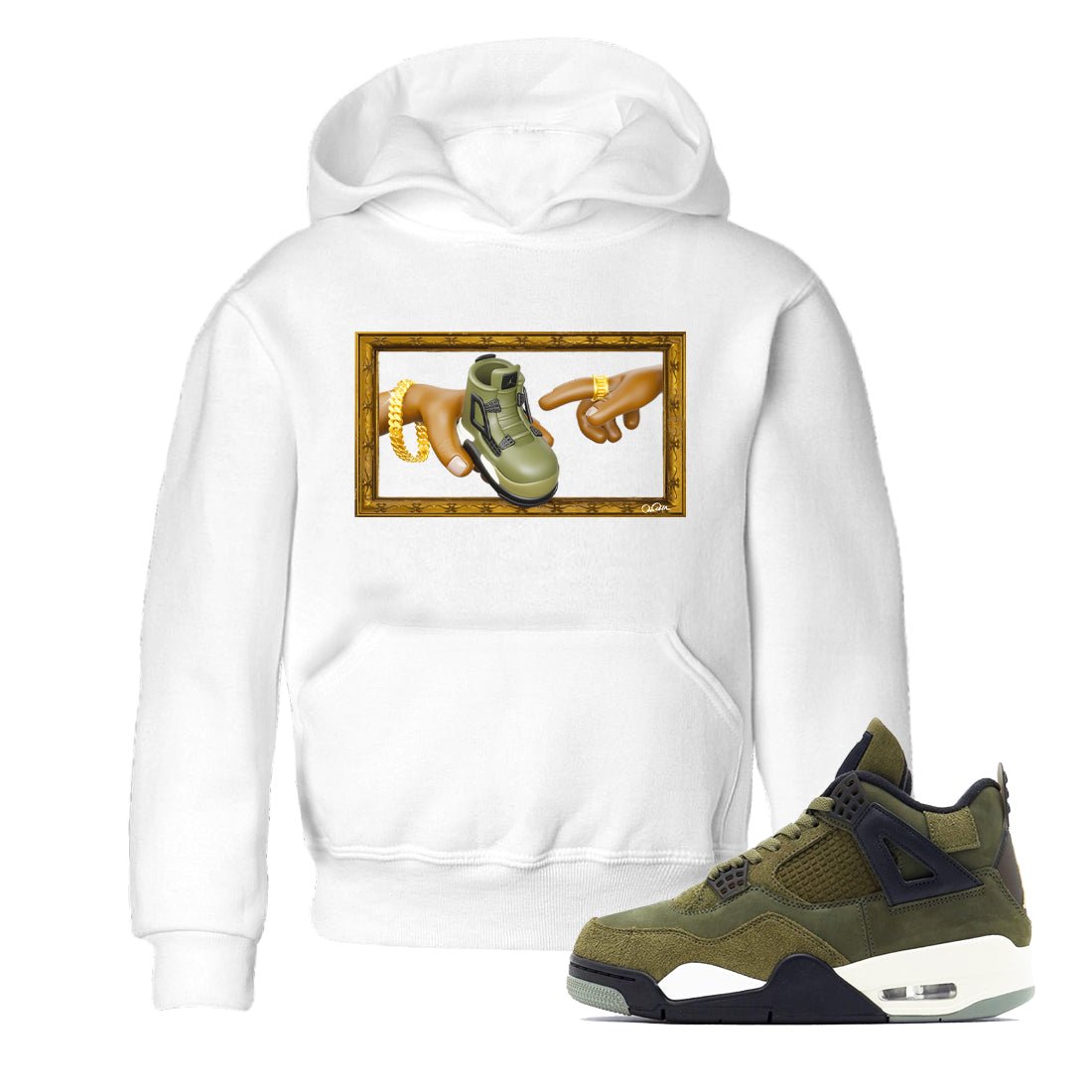 Air Jordan 4 Medium Olive shirt to match jordans The Creation of Adam sneaker tees AJ4 Medium Olive SNRT Sneaker Release Tees Baby Toddler White 1 T-Shirt