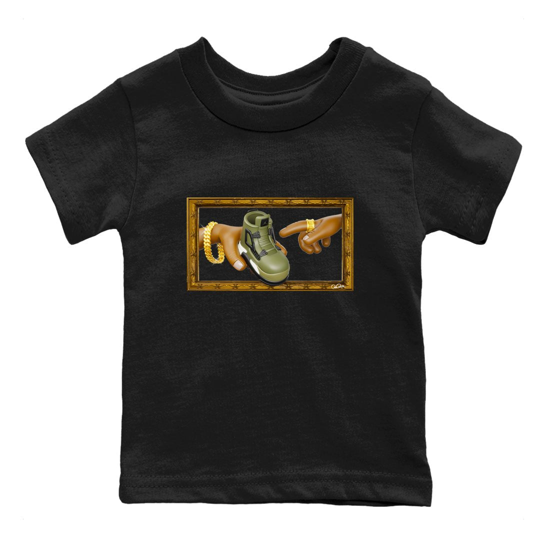 Air Jordan 4 Medium Olive shirt to match jordans The Creation of Adam sneaker tees AJ4 Medium Olive SNRT Sneaker Release Tees Baby Toddler Black 2 T-Shirt