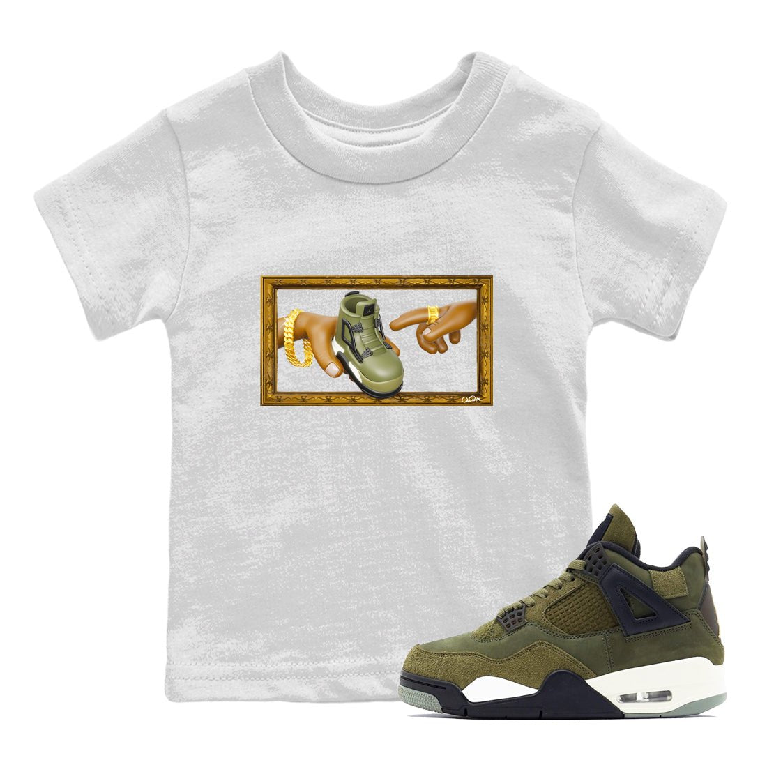 Air Jordan 4 Medium Olive shirt to match jordans The Creation of Adam sneaker tees AJ4 Medium Olive SNRT Sneaker Release Tees Baby Toddler White 1 T-Shirt