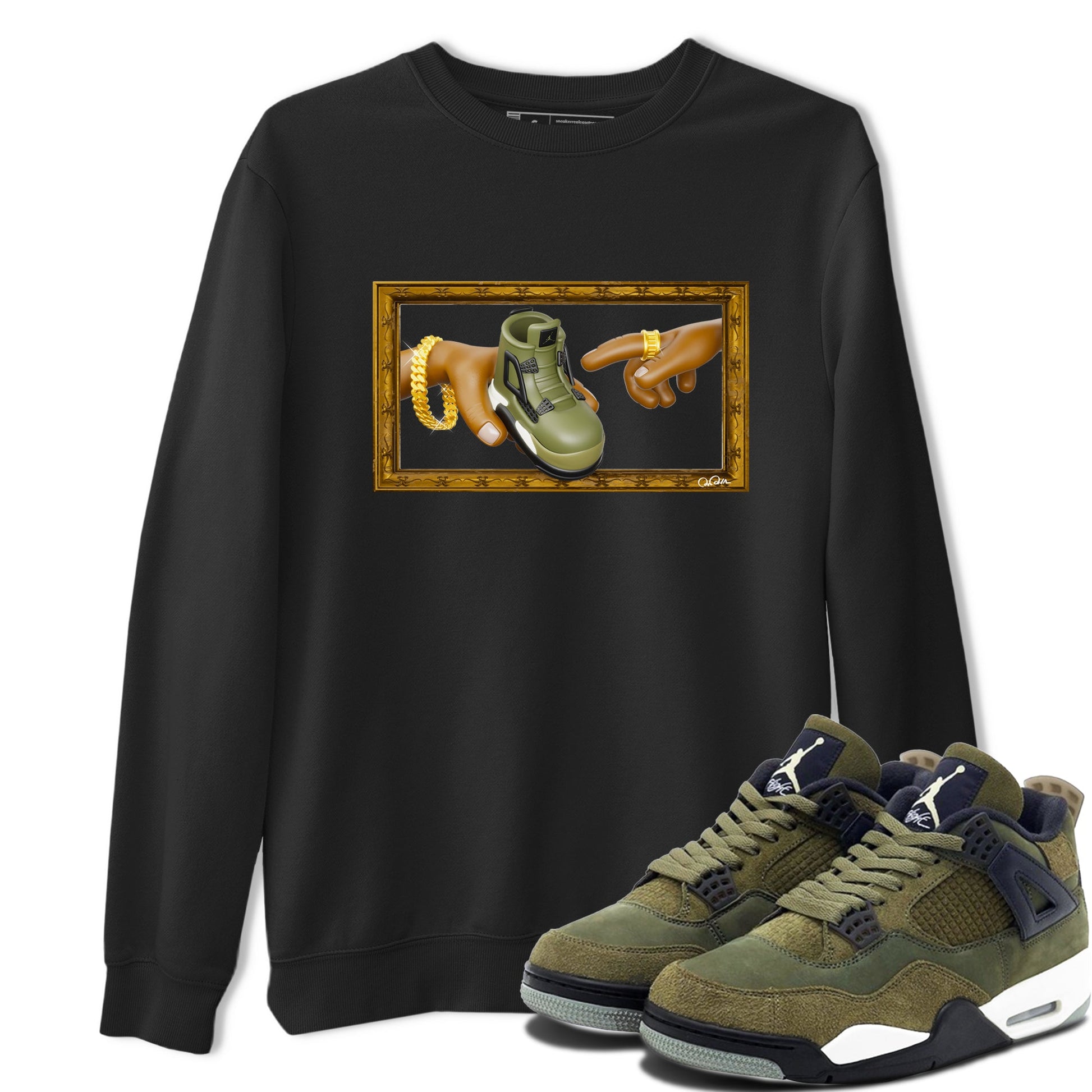 Air Jordan 4 Medium Olive shirt to match jordans The Creation of Adam sneaker tees AJ4 Medium Olive SNRT Sneaker Release Tees Unisex Black 1 T-Shirt