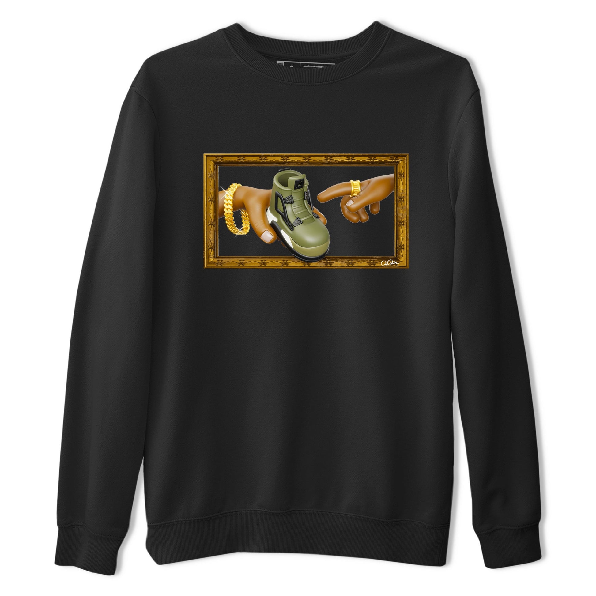 Air Jordan 4 Medium Olive shirt to match jordans The Creation of Adam sneaker tees AJ4 Medium Olive SNRT Sneaker Release Tees Unisex Black 2 T-Shirt