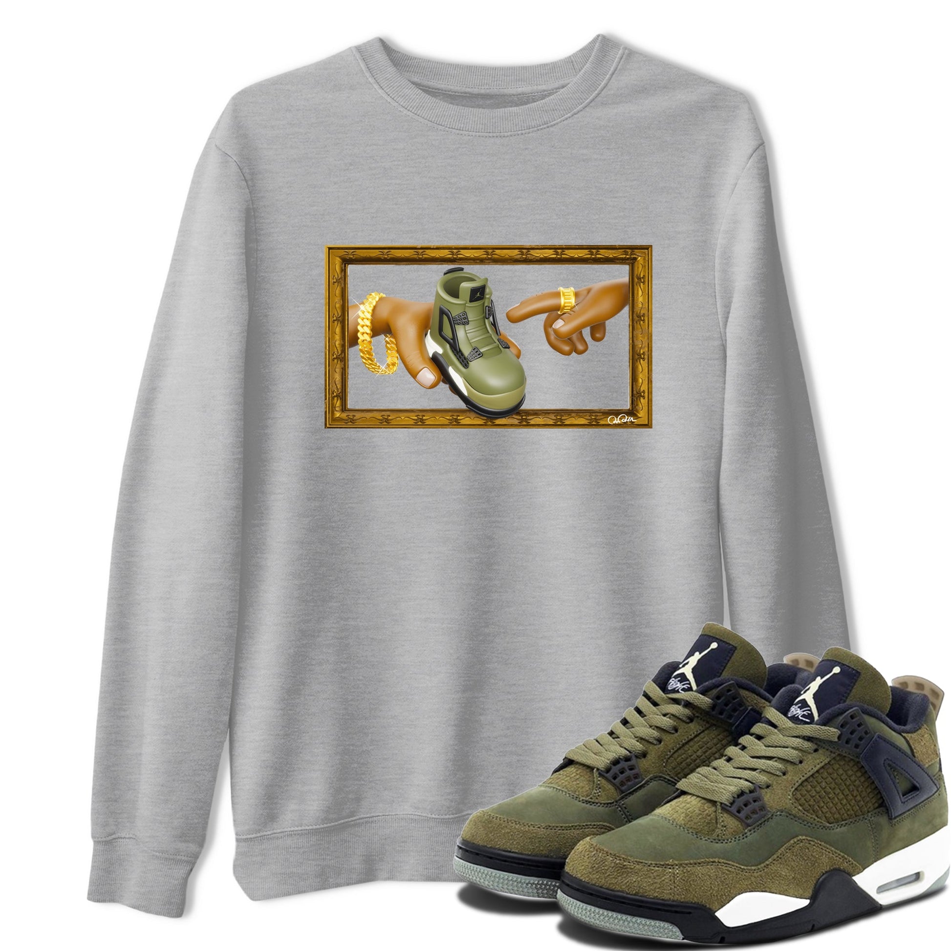 Air Jordan 4 Medium Olive shirt to match jordans The Creation of Adam sneaker tees AJ4 Medium Olive SNRT Sneaker Release Tees Unisex Heather Grey 1 T-Shirt