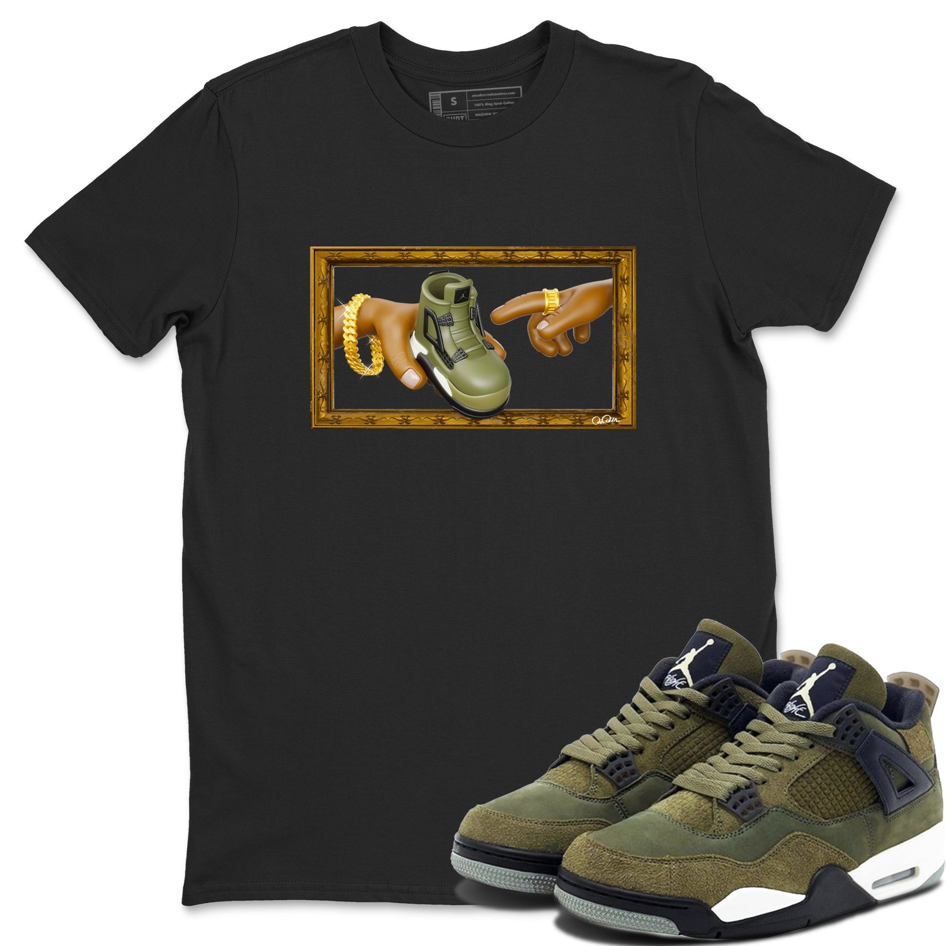 Air Jordan 4 Medium Olive shirt to match jordans The Creation of Adam sneaker tees AJ4 Medium Olive SNRT Sneaker Release Tees Unisex Black 1 T-Shirt