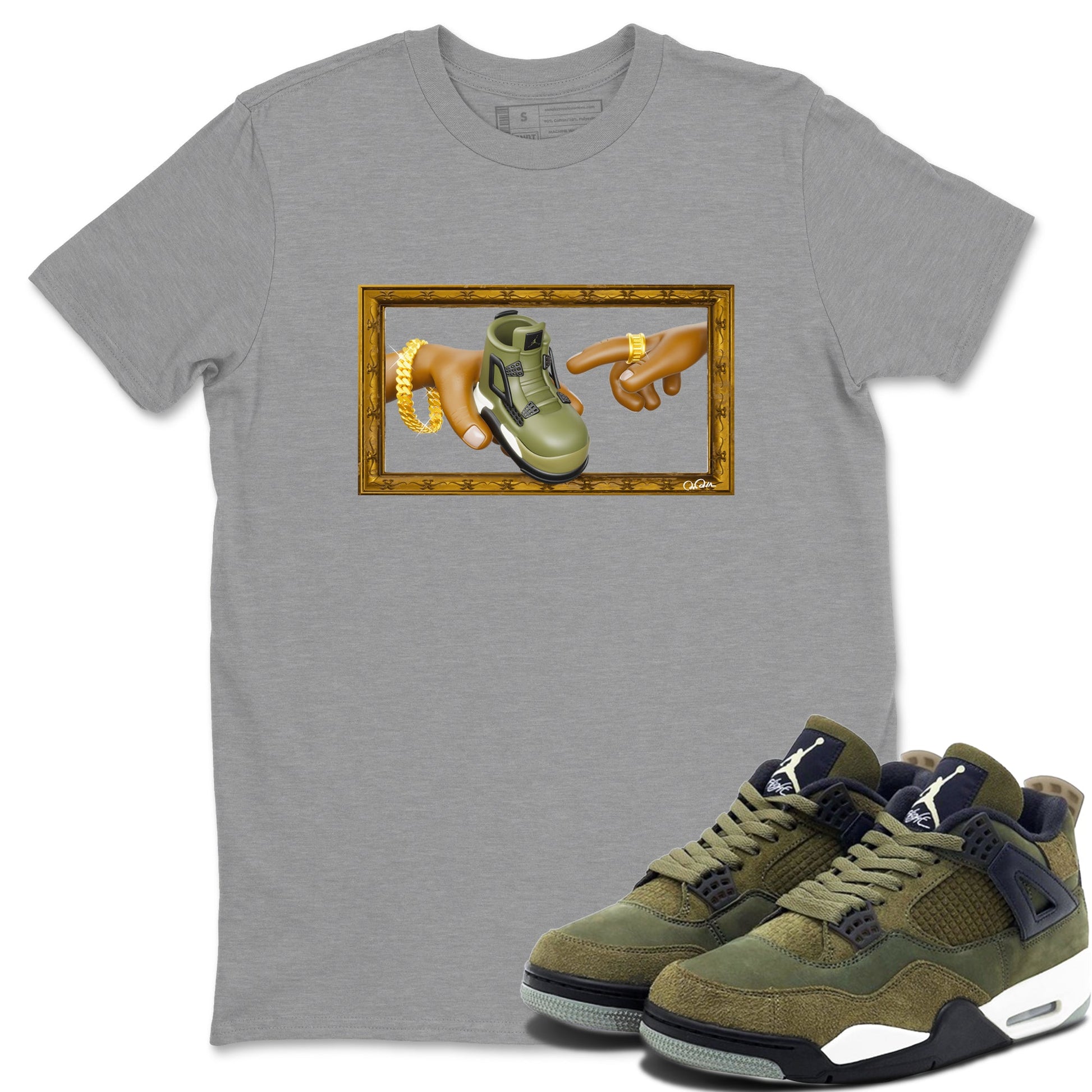 Air Jordan 4 Medium Olive shirt to match jordans The Creation of Adam sneaker tees AJ4 Medium Olive SNRT Sneaker Release Tees Unisex Heather Grey 1 T-Shirt