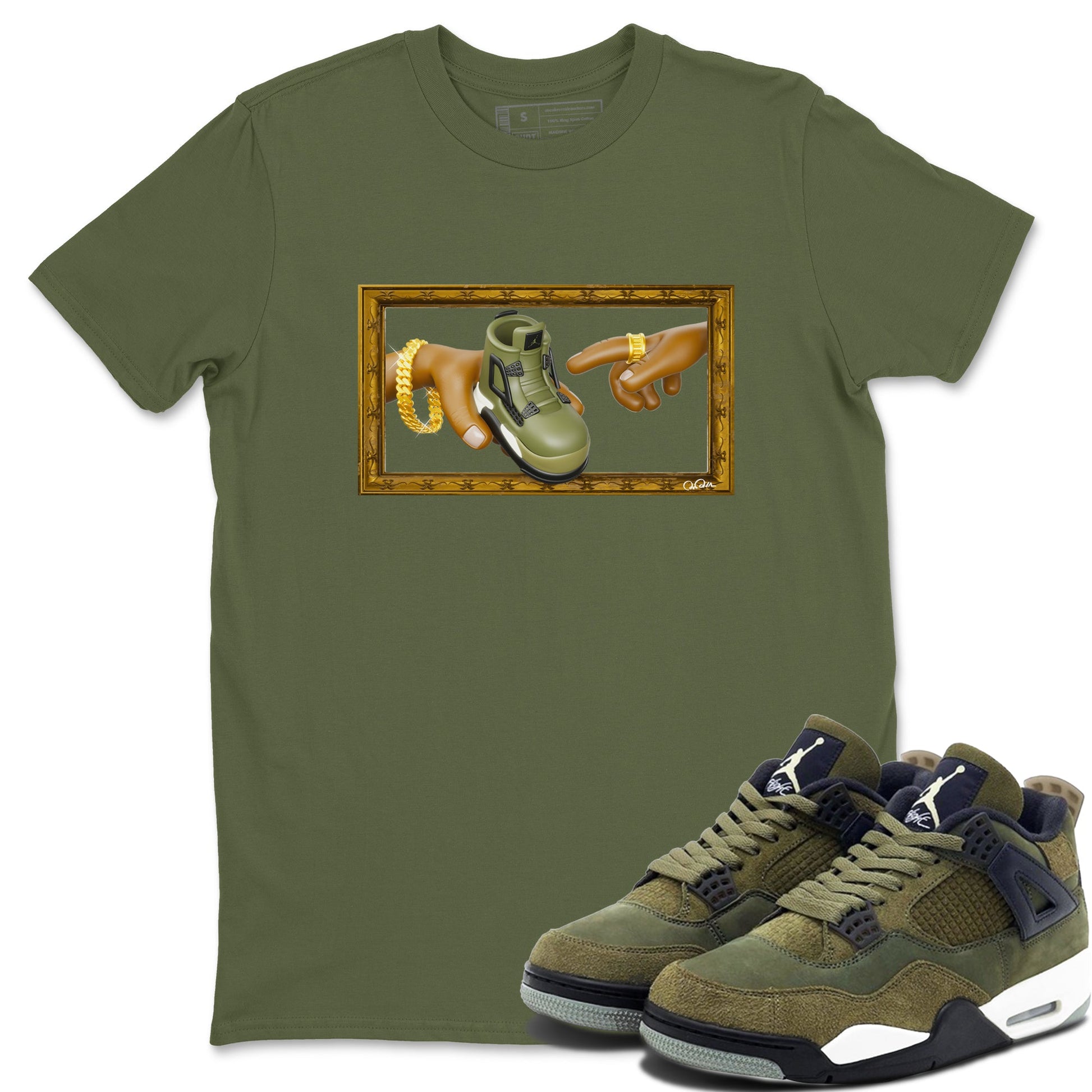 Air Jordan 4 Medium Olive shirt to match jordans The Creation of Adam sneaker tees AJ4 Medium Olive SNRT Sneaker Release Tees Unisex Military Green 1 T-Shirt