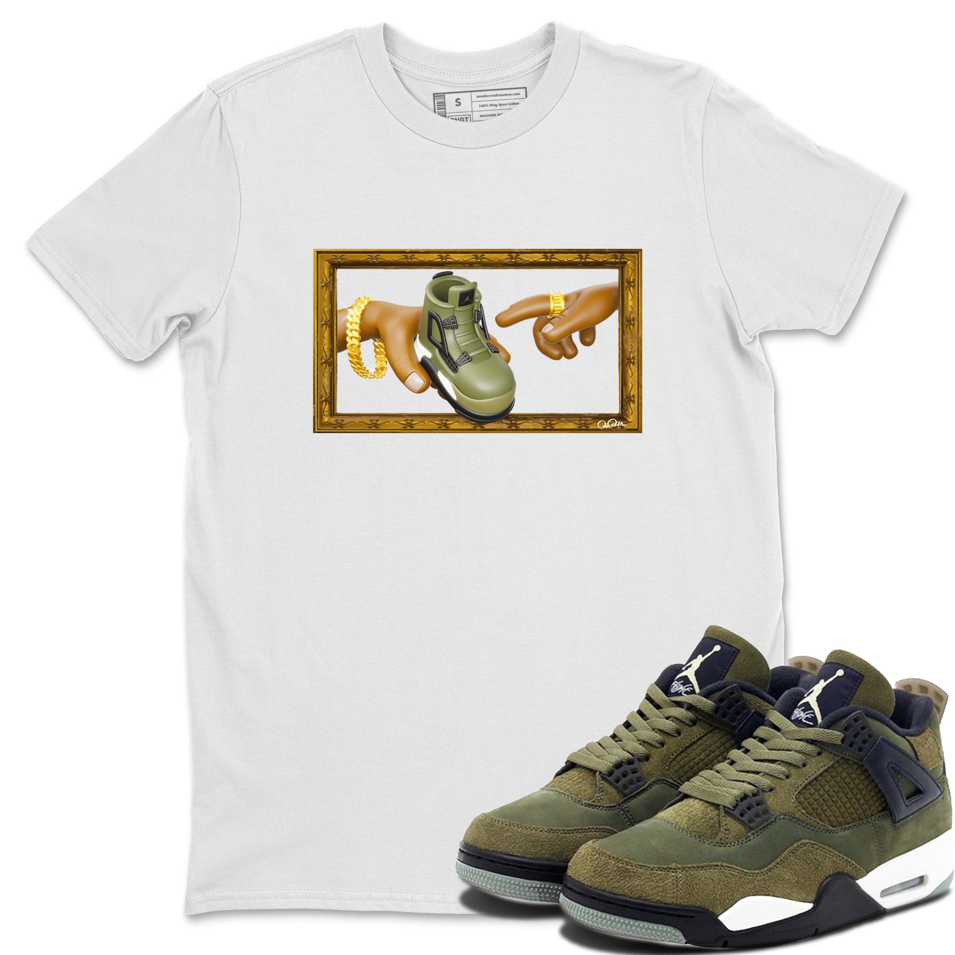 Air Jordan 4 Medium Olive shirt to match jordans The Creation of Adam sneaker tees AJ4 Medium Olive SNRT Sneaker Release Tees Unisex White 1 T-Shirt